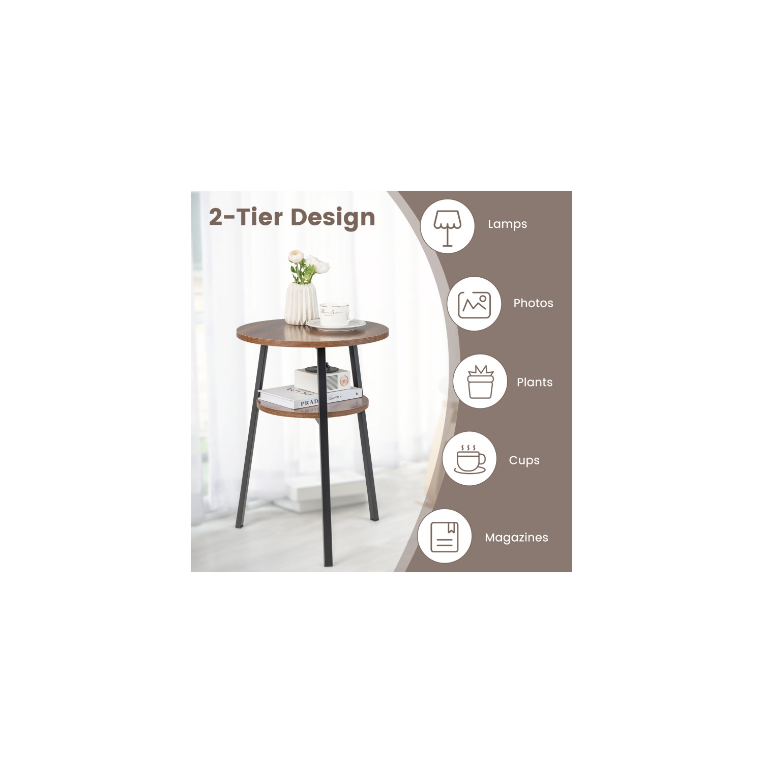 Ensemble moderne de 2 tables de bout rondes avec 2 niveaux et cadre en métal triangulaire