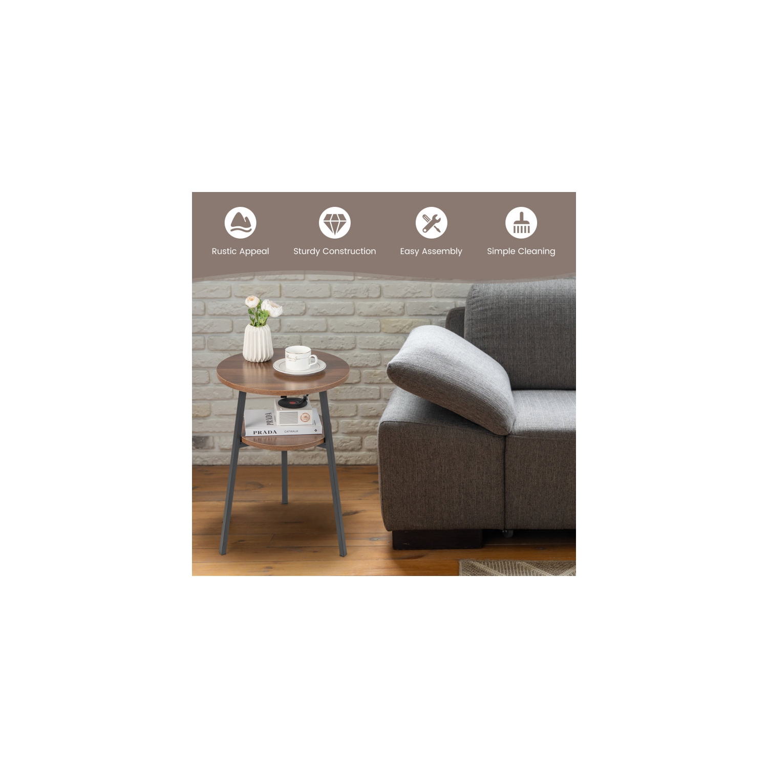 Ensemble moderne de 2 tables de bout rondes avec 2 niveaux et cadre en métal triangulaire