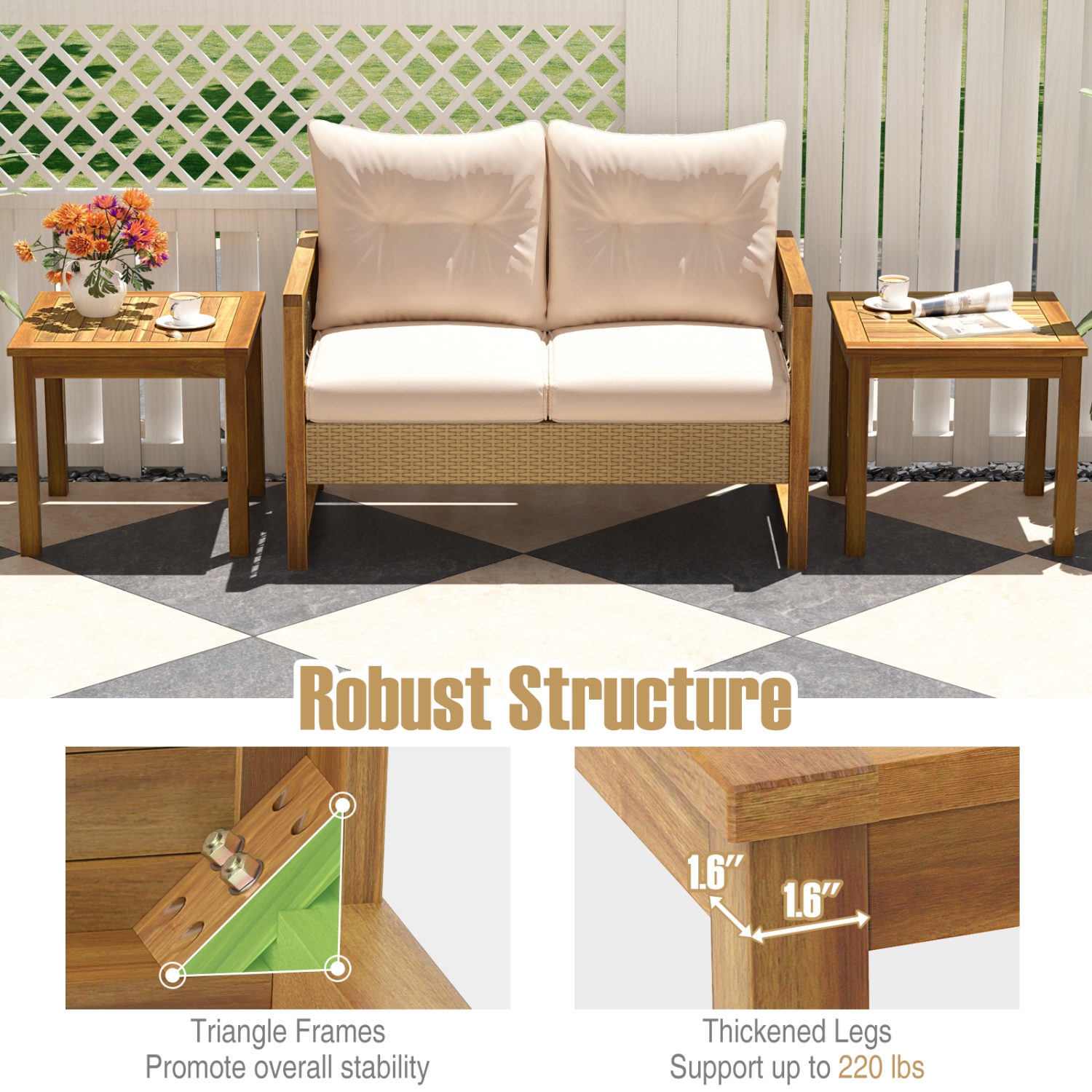 Table d'appoint d'extérieur Table d'extrémité carrée en teck Table basse de patio Snack