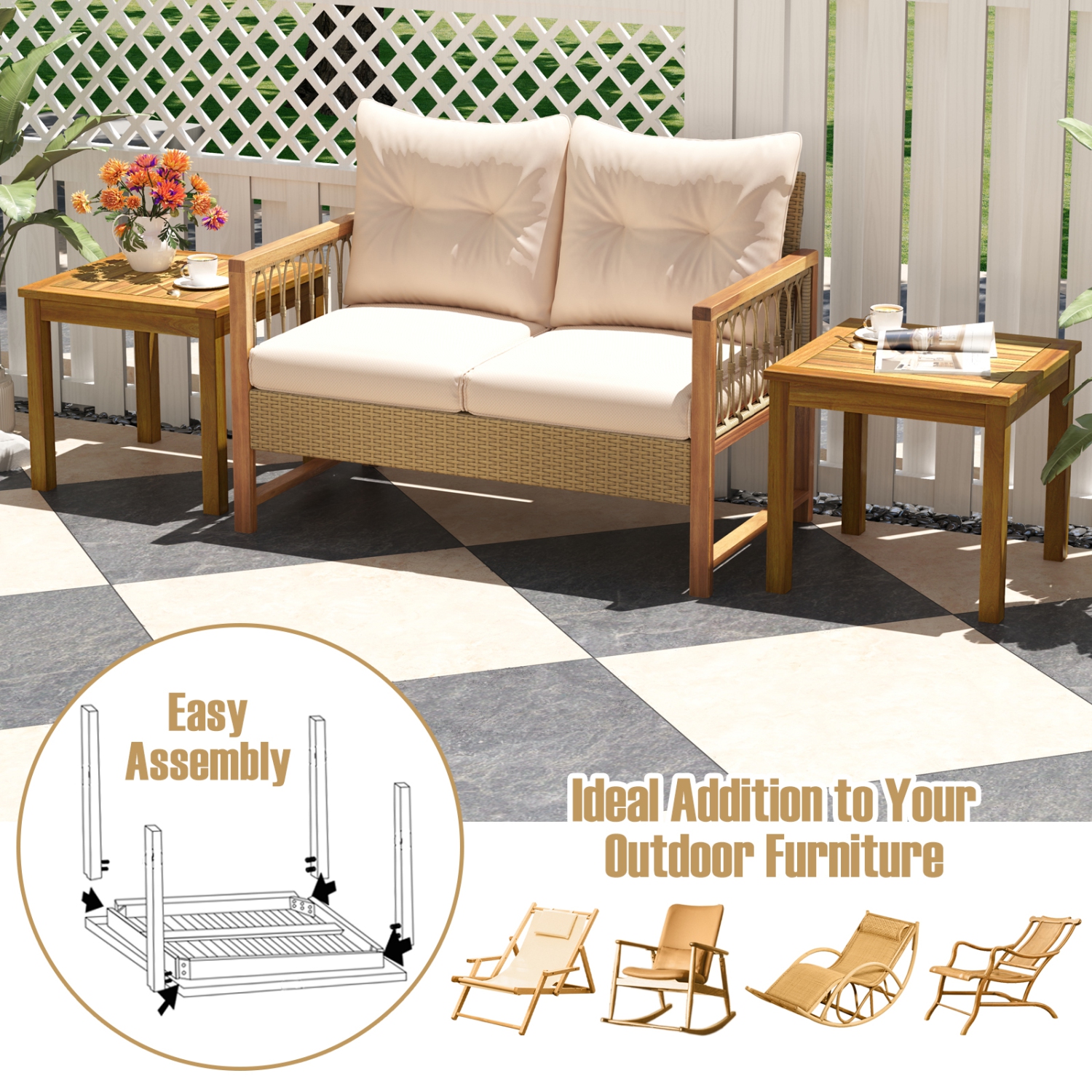 Table d'appoint d'extérieur Table d'extrémité carrée en teck Table basse de patio Snack