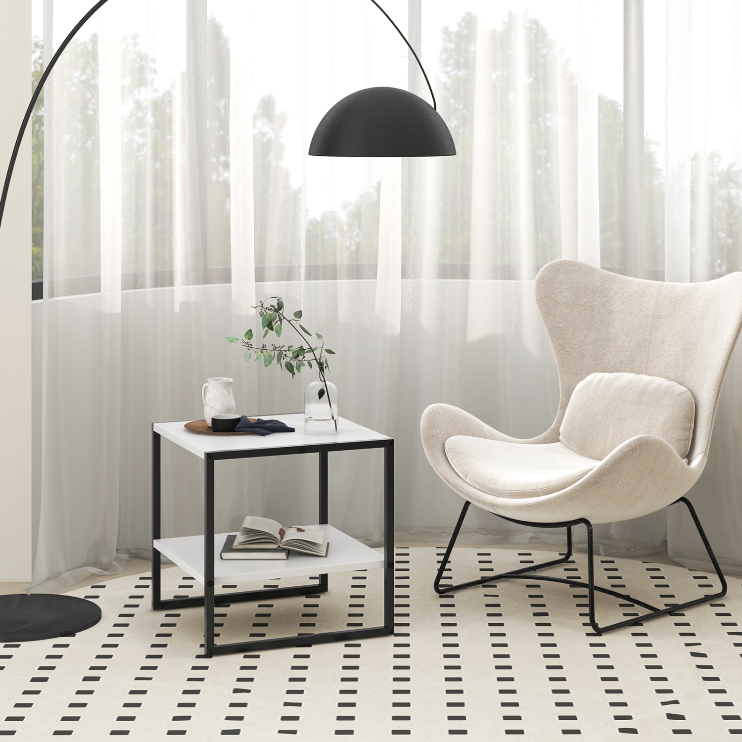 Table de bout carrée fonctionnelle avec 2 niveaux et tablette de rangement réversible