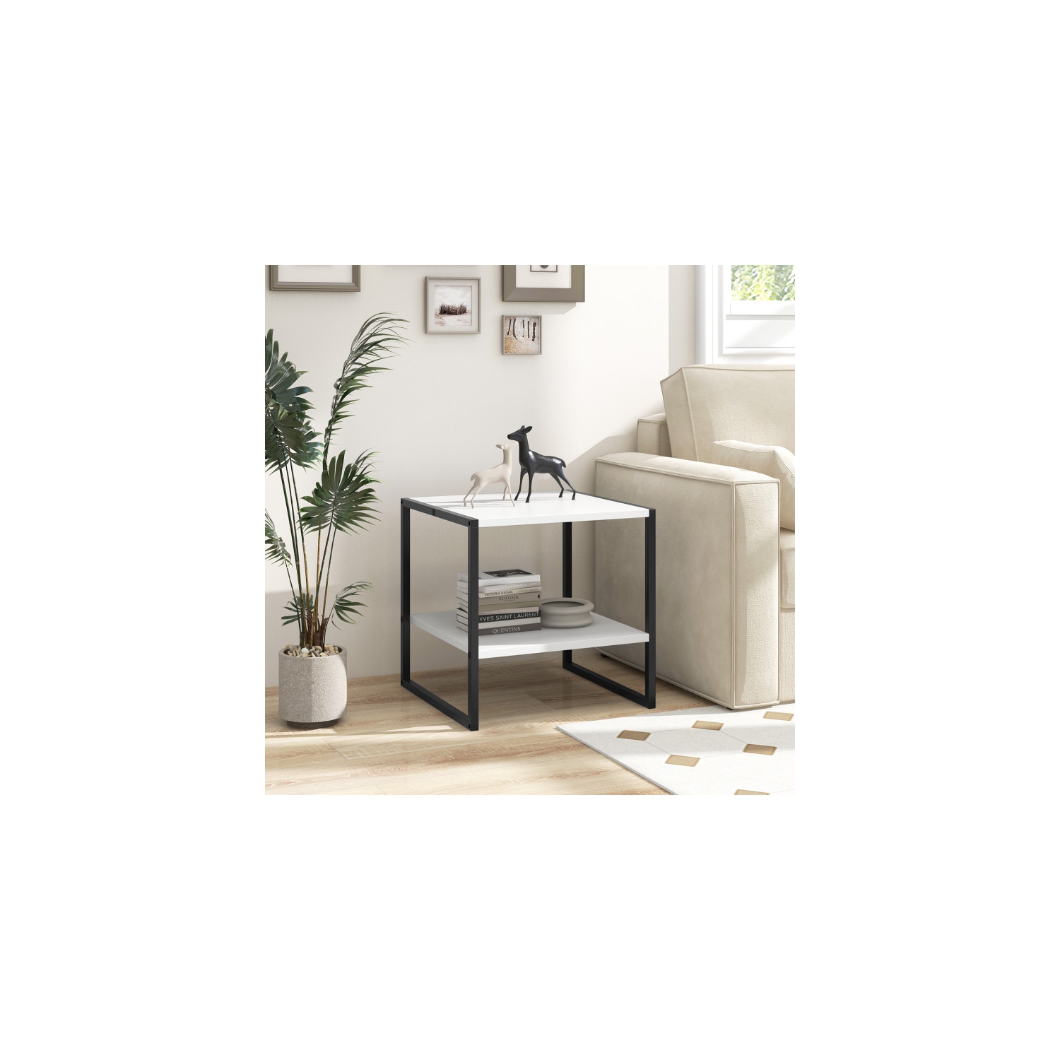 Table de bout carrée fonctionnelle avec 2 niveaux et tablette de rangement réversible