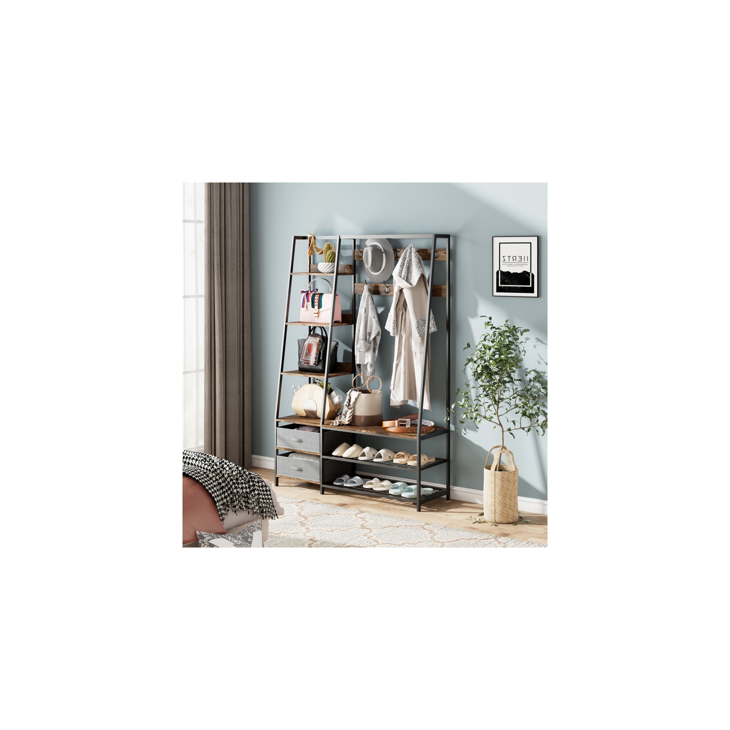 6-in-1 Freestanding Hall Tree with Coat Rack, Bench, and Fabric Storage Drawers