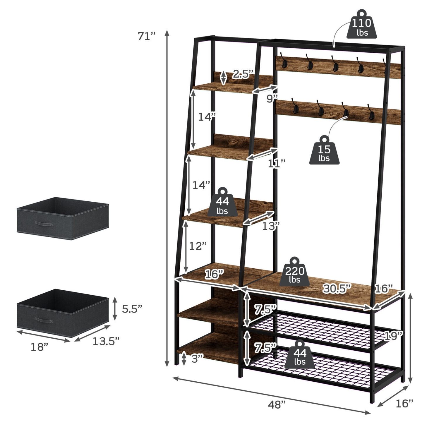 6-in-1 Freestanding Hall Tree with Coat Rack, Bench, and Fabric Storage Drawers