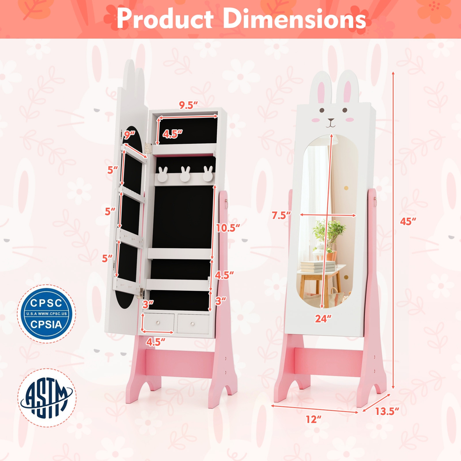 Armoire à bijoux pour enfants avec inclinaison à angles multiples et grande capacité de rangement