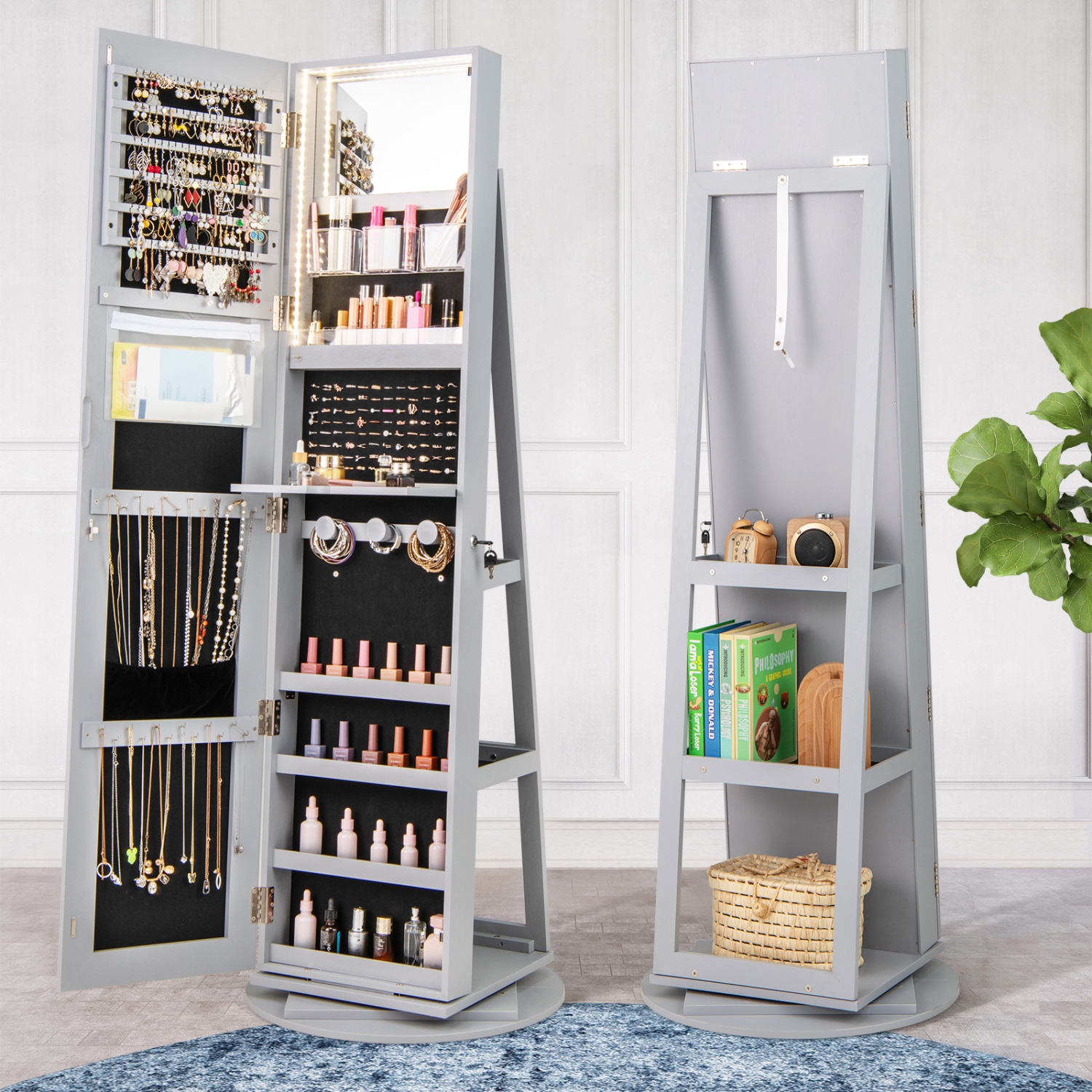 Rotating Jewelry Cabinet with Mirror, Lockable Design, and 3 LED Modes