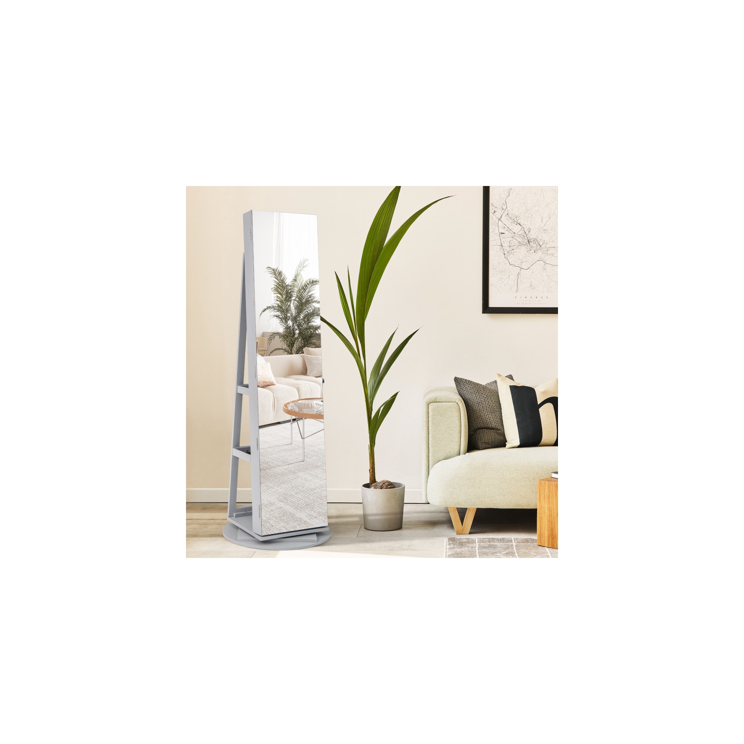 Rotating Jewelry Cabinet with Mirror, Lockable Design, and 3 LED Modes