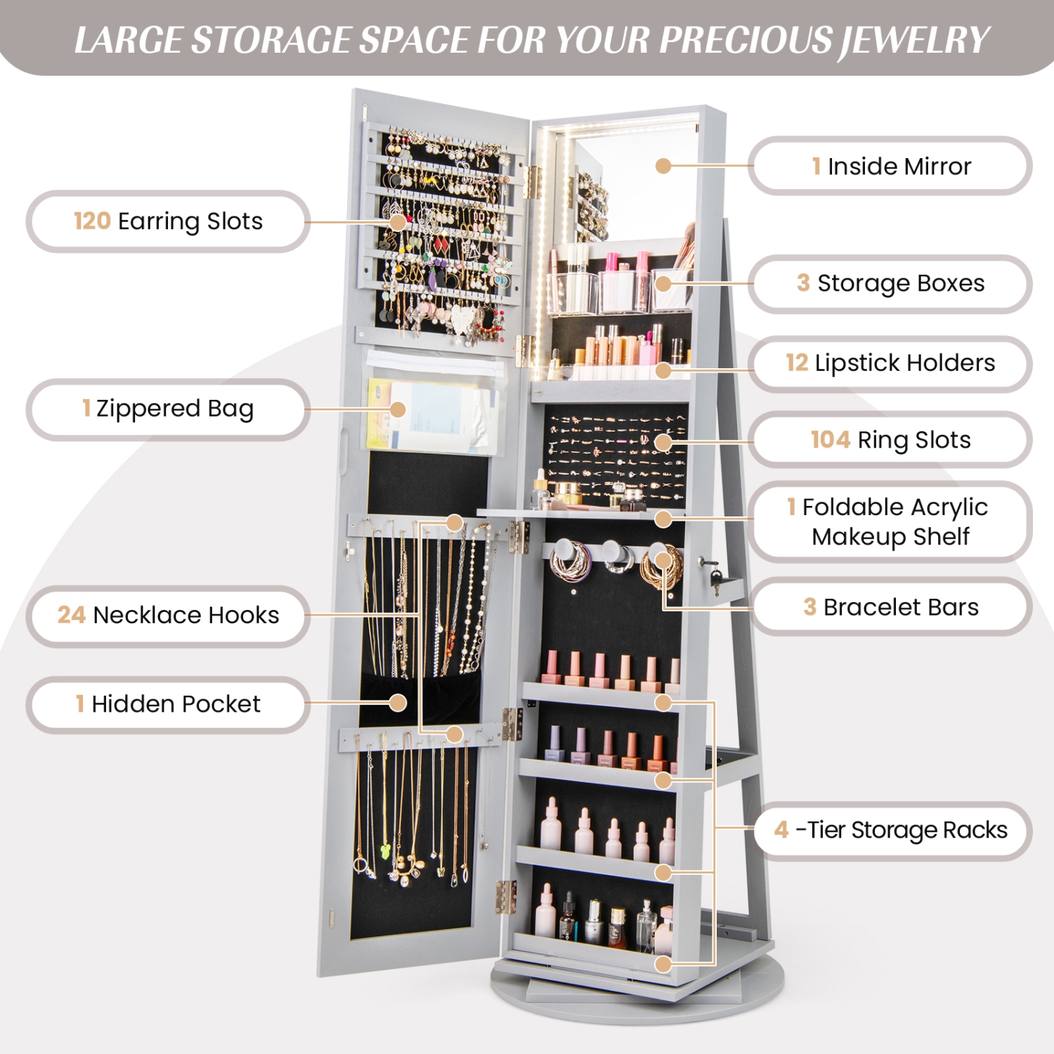 Rotating Jewelry Cabinet with Mirror, Lockable Design, and 3 LED Modes