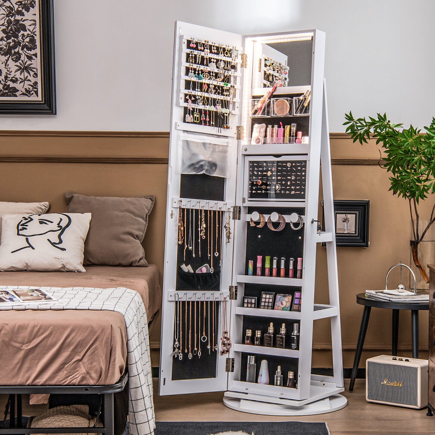 Rotating Jewelry Cabinet with Mirror, Lockable Design, and 3 LED Modes