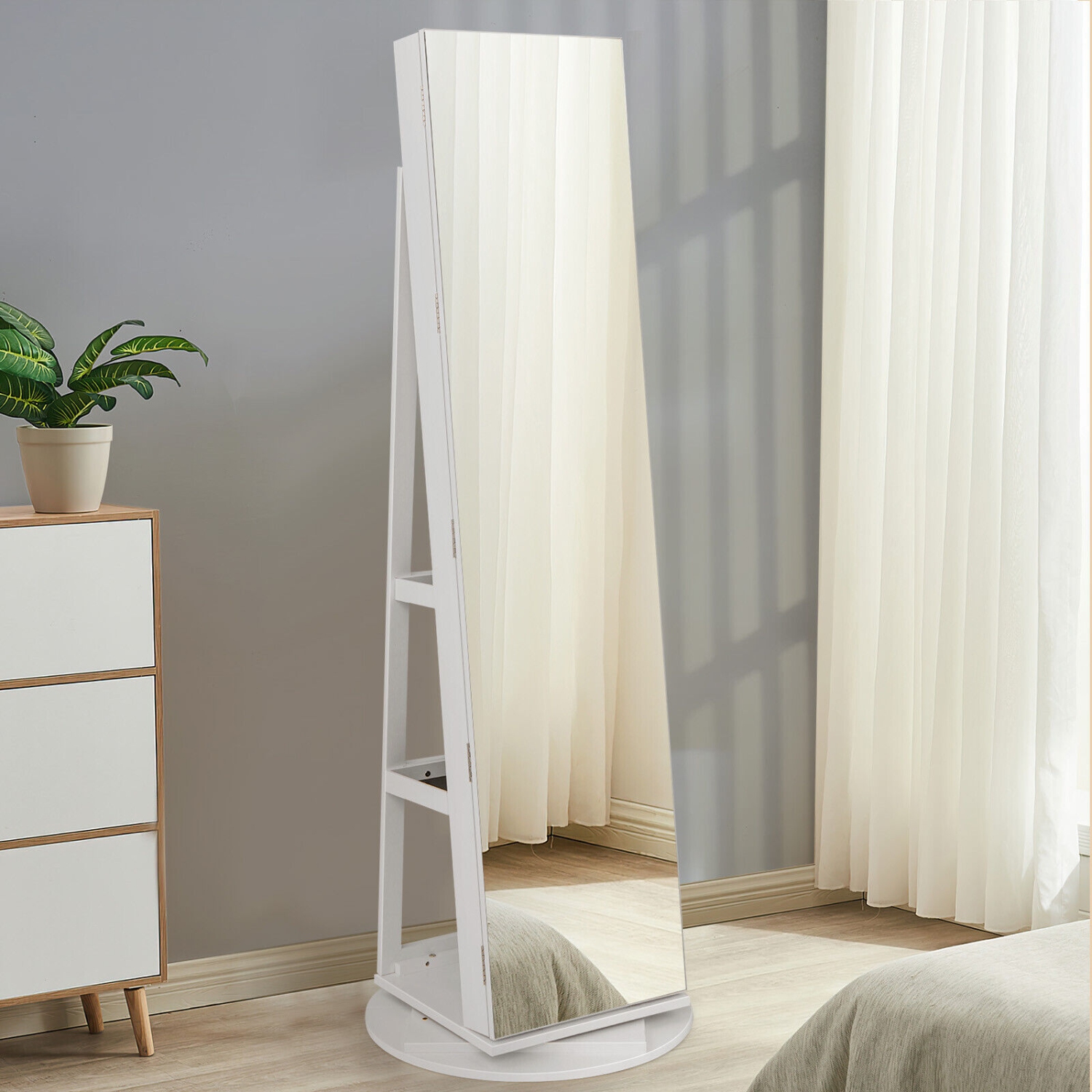 Rotating Jewelry Cabinet with Mirror, Lockable Design, and 3 LED Modes