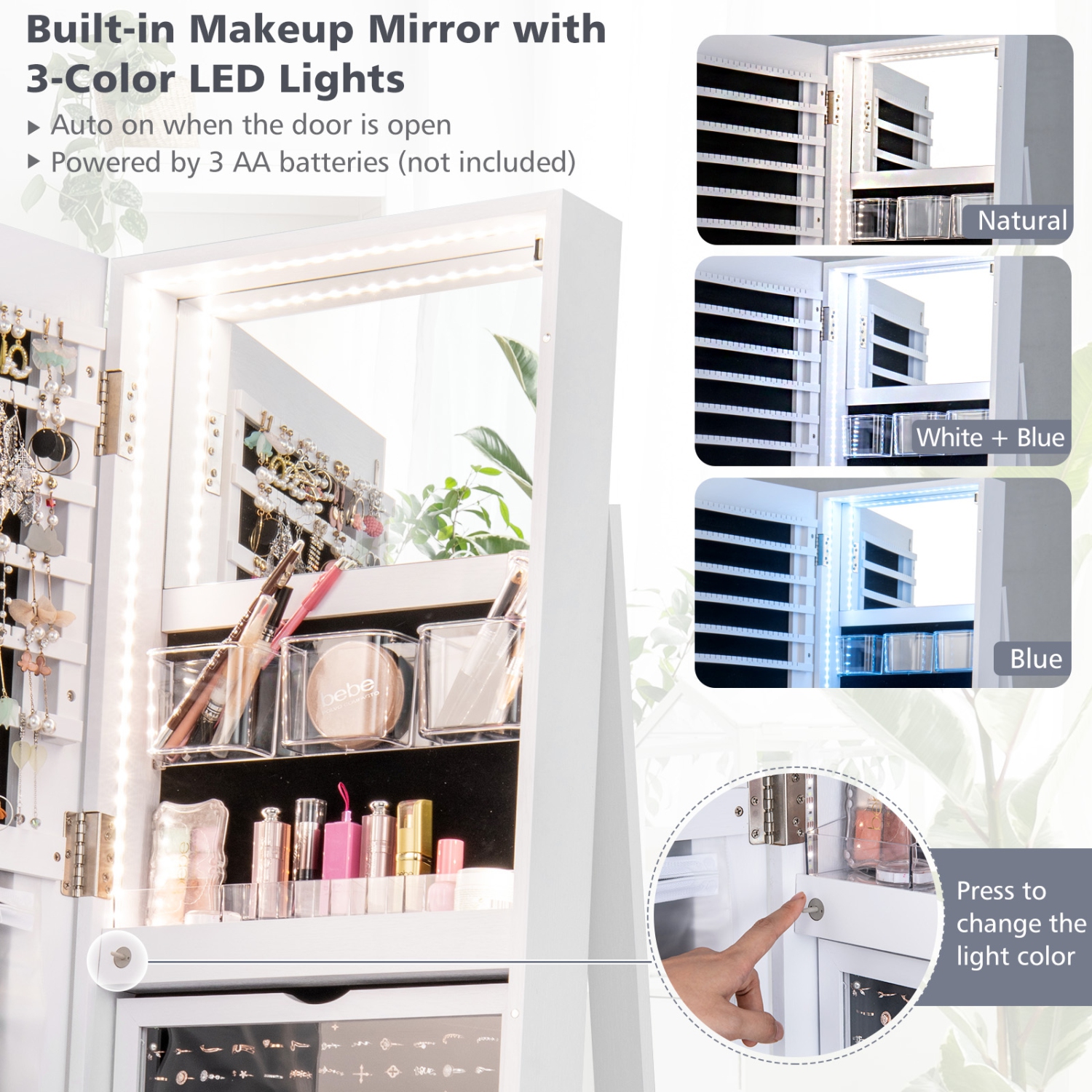 Rotating Jewelry Cabinet with Mirror, Lockable Design, and 3 LED Modes