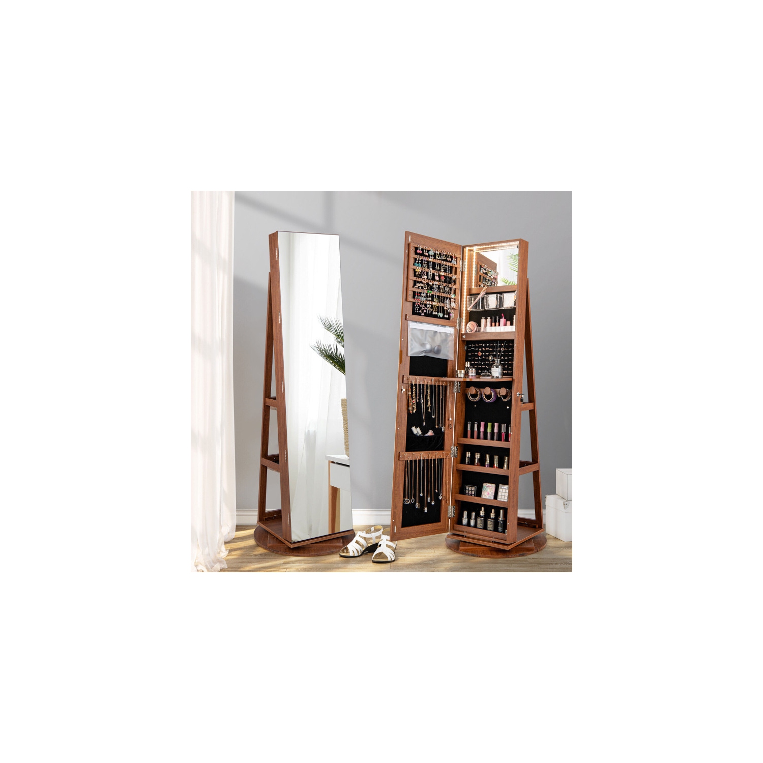 Armoire à bijoux rotative avec miroir, verrouillage et 3 modes LED