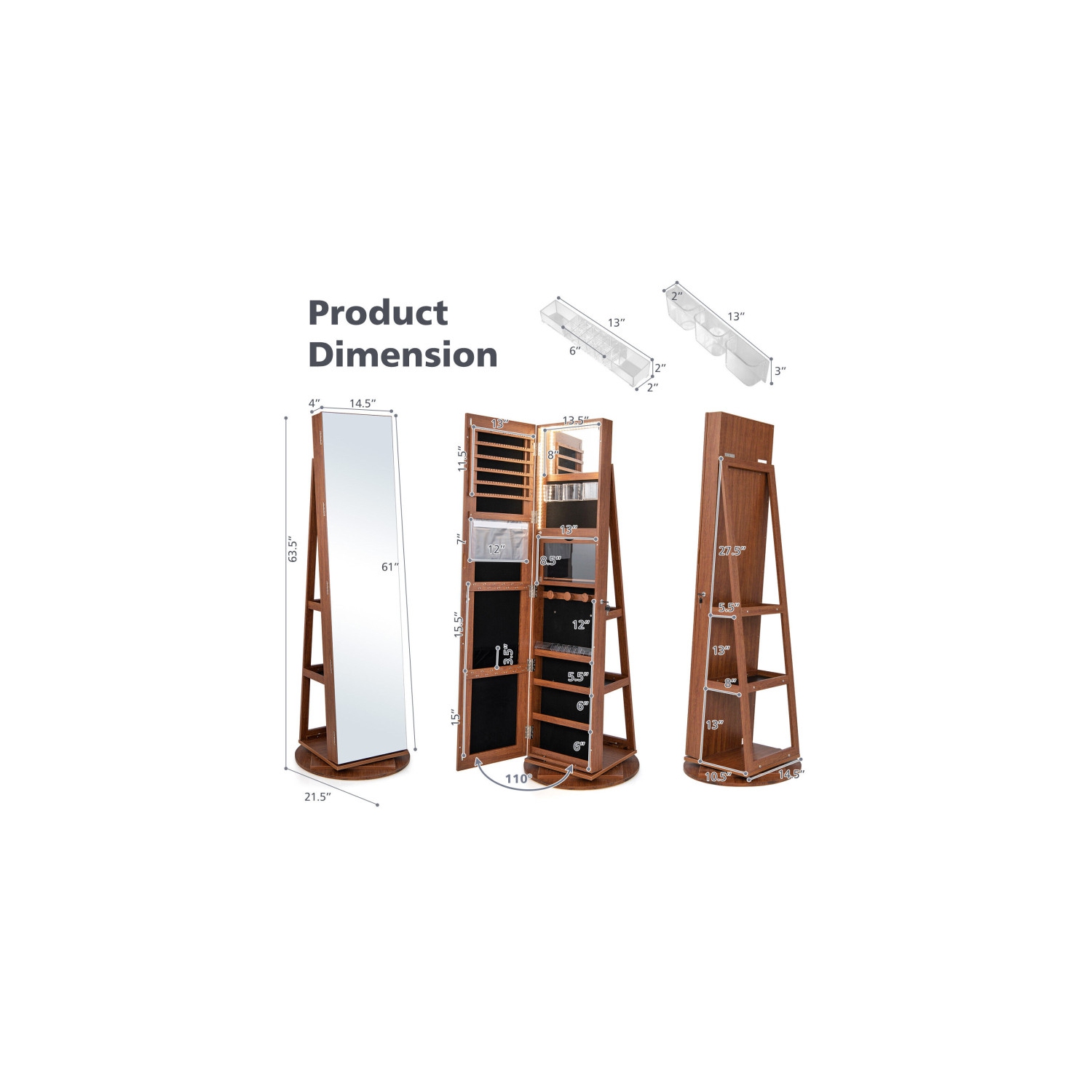 Armoire à bijoux rotative avec miroir, verrouillage et 3 modes LED