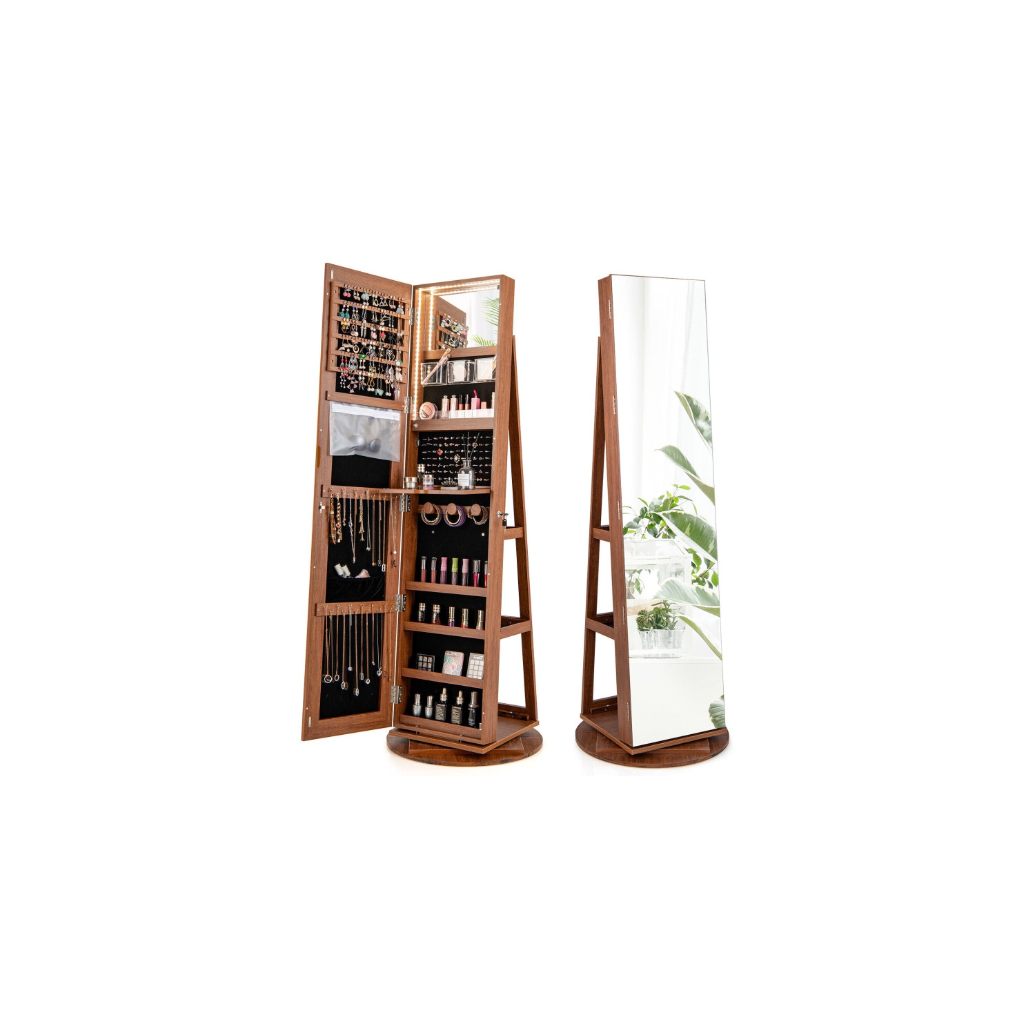 Armoire à bijoux rotative avec miroir, verrouillage et 3 modes LED