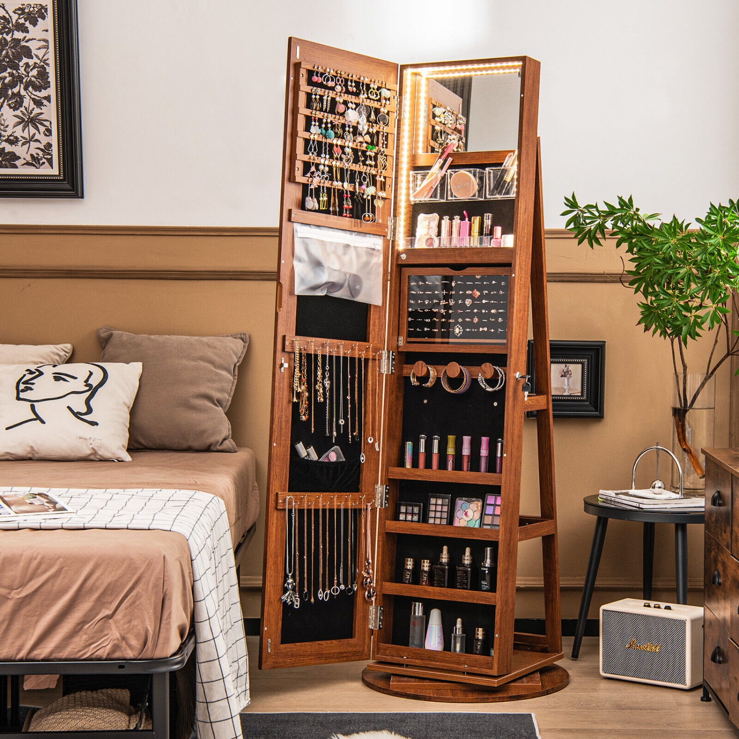 Armoire à bijoux rotative avec miroir, verrouillage et 3 modes LED