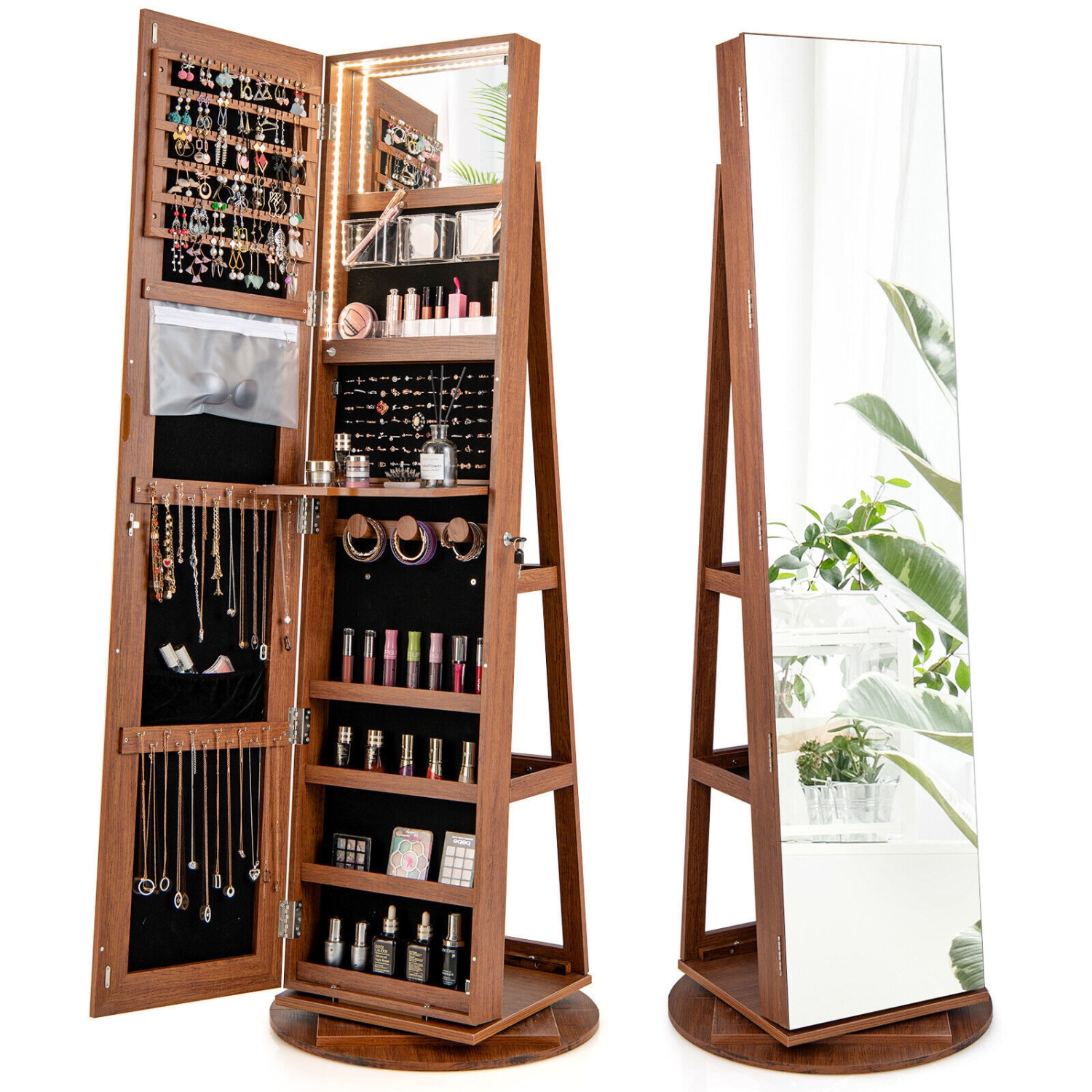 Armoire à bijoux rotative avec miroir, verrouillage et 3 modes LED