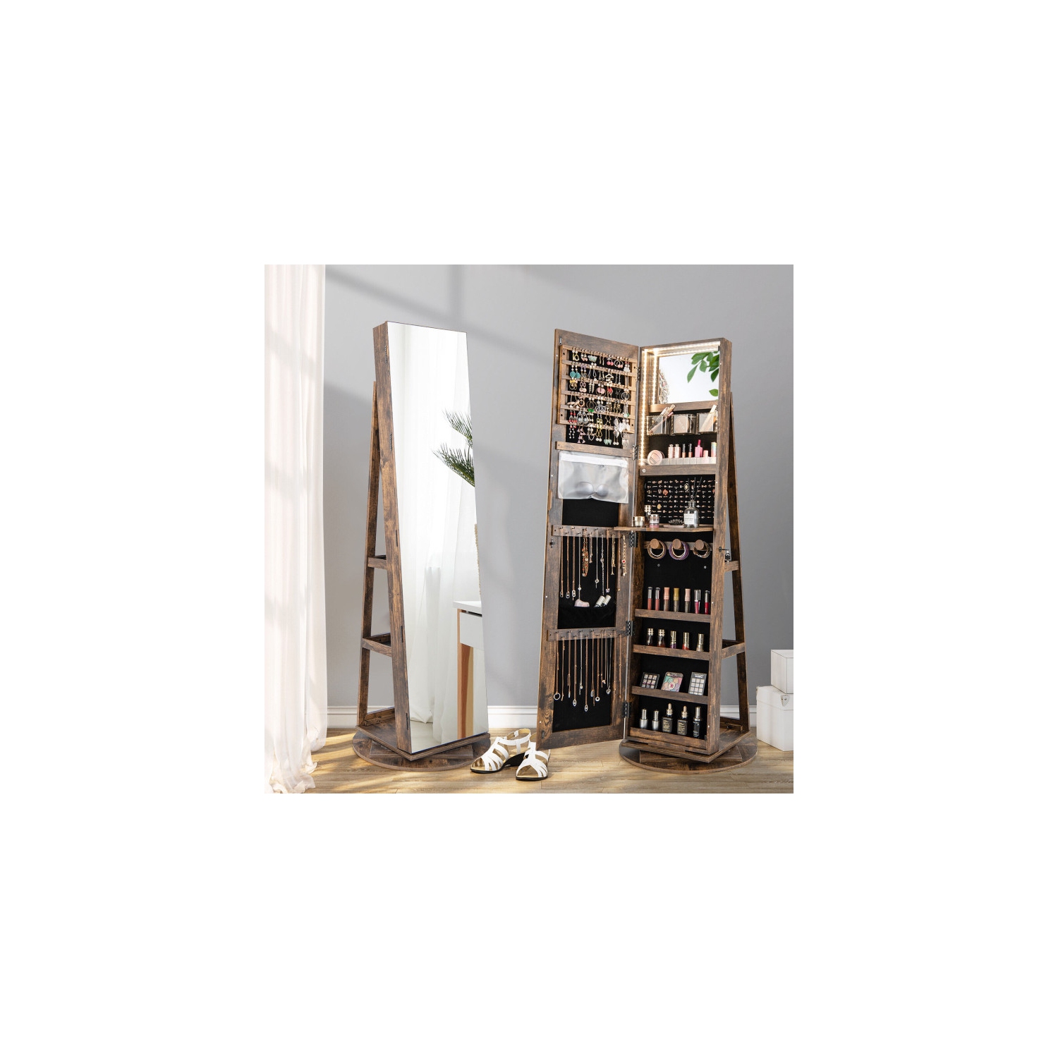Armoire à bijoux rotative avec miroir, verrouillage et 3 modes LED
