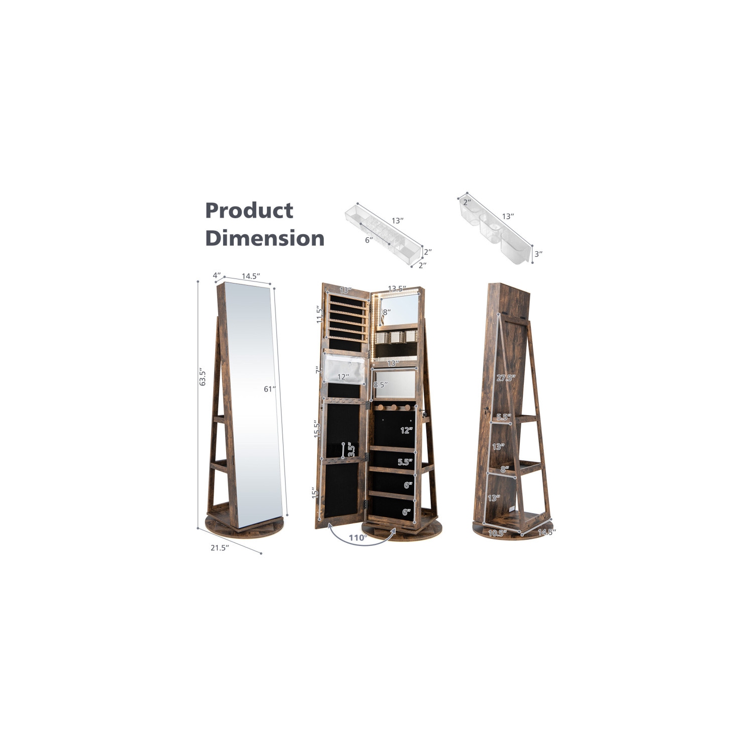 Armoire à bijoux rotative avec miroir, verrouillage et 3 modes LED