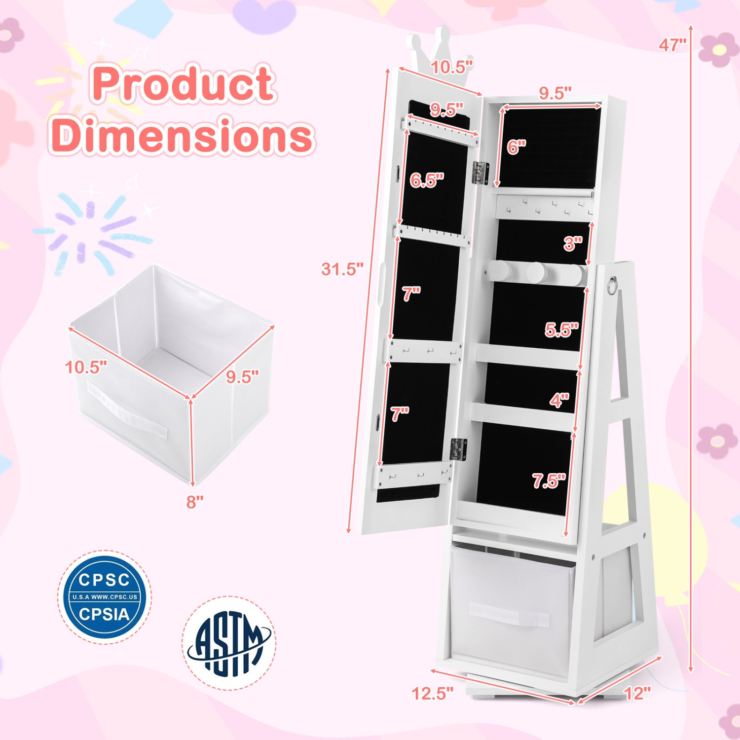 Armoire à bijoux pour enfants avec grand espace de rangement et base pivotante