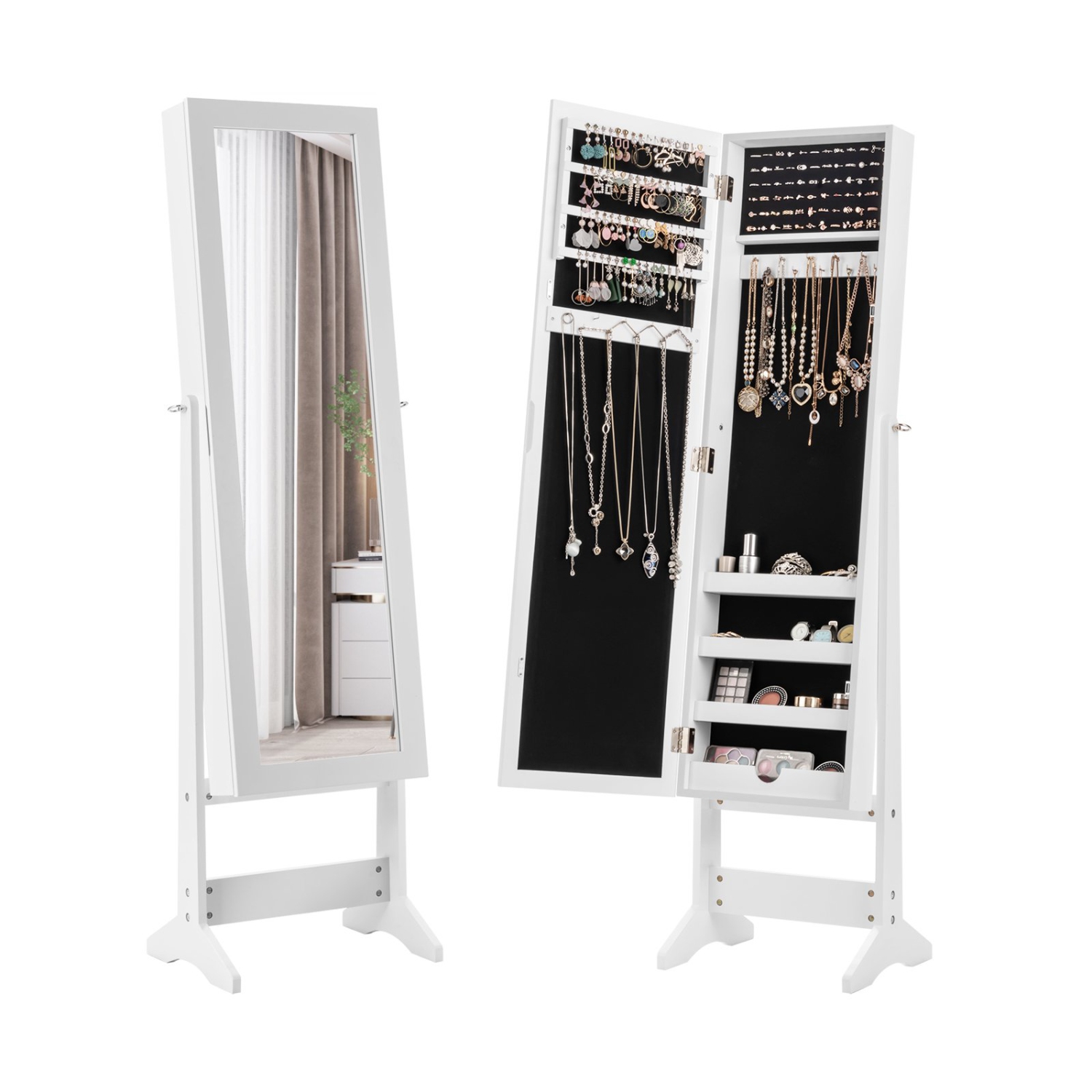 Armoire à bijoux miroir avec boîte de rangement, rangement pour bagues et support