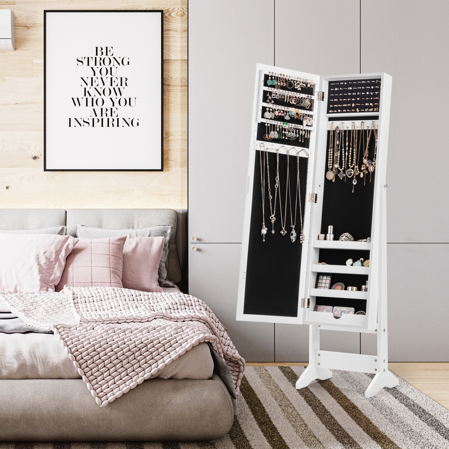 Armoire à bijoux miroir avec boîte de rangement, rangement pour bagues et support