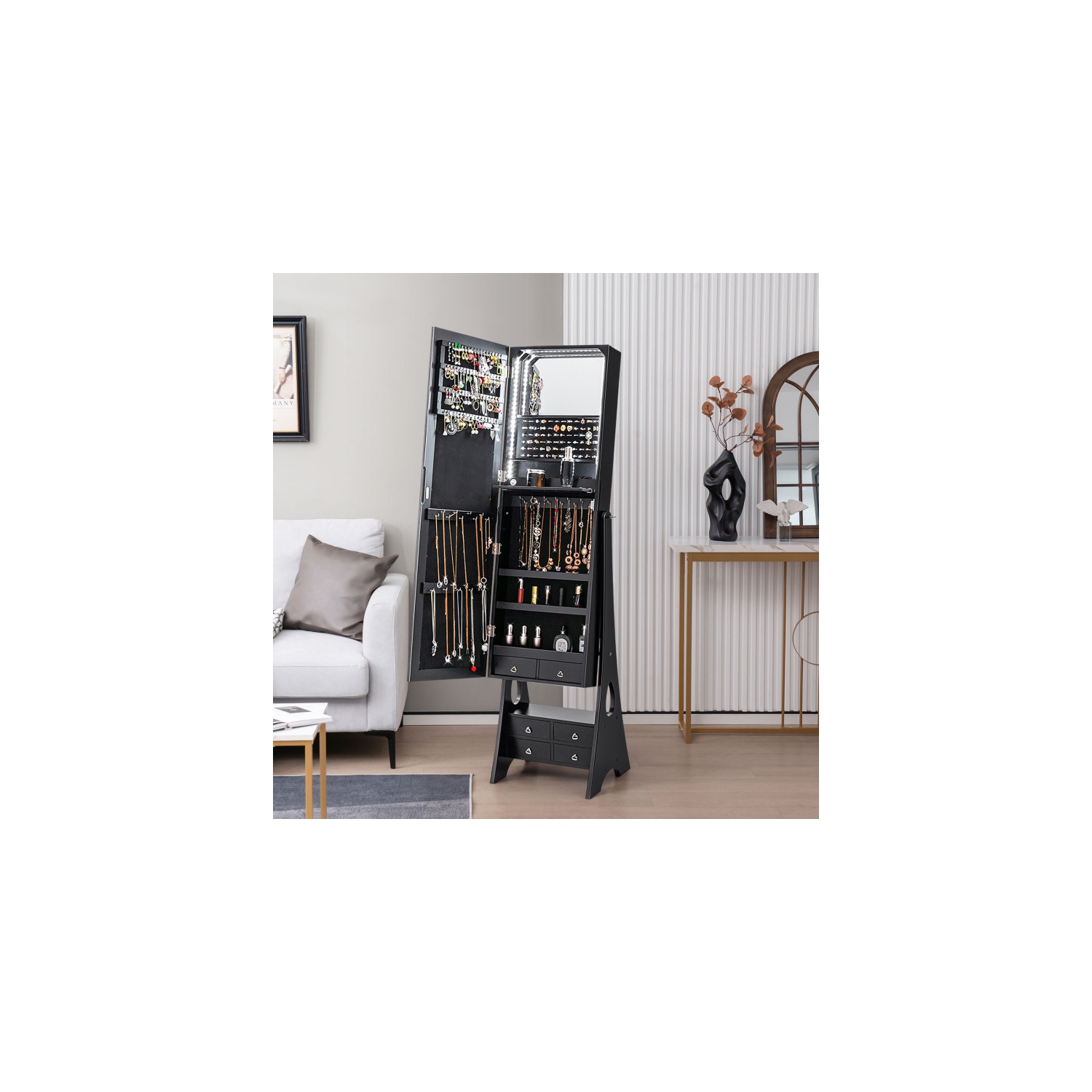 Armoire à bijoux pleine longueur avec miroir LED, autonome et 6 tiroirs