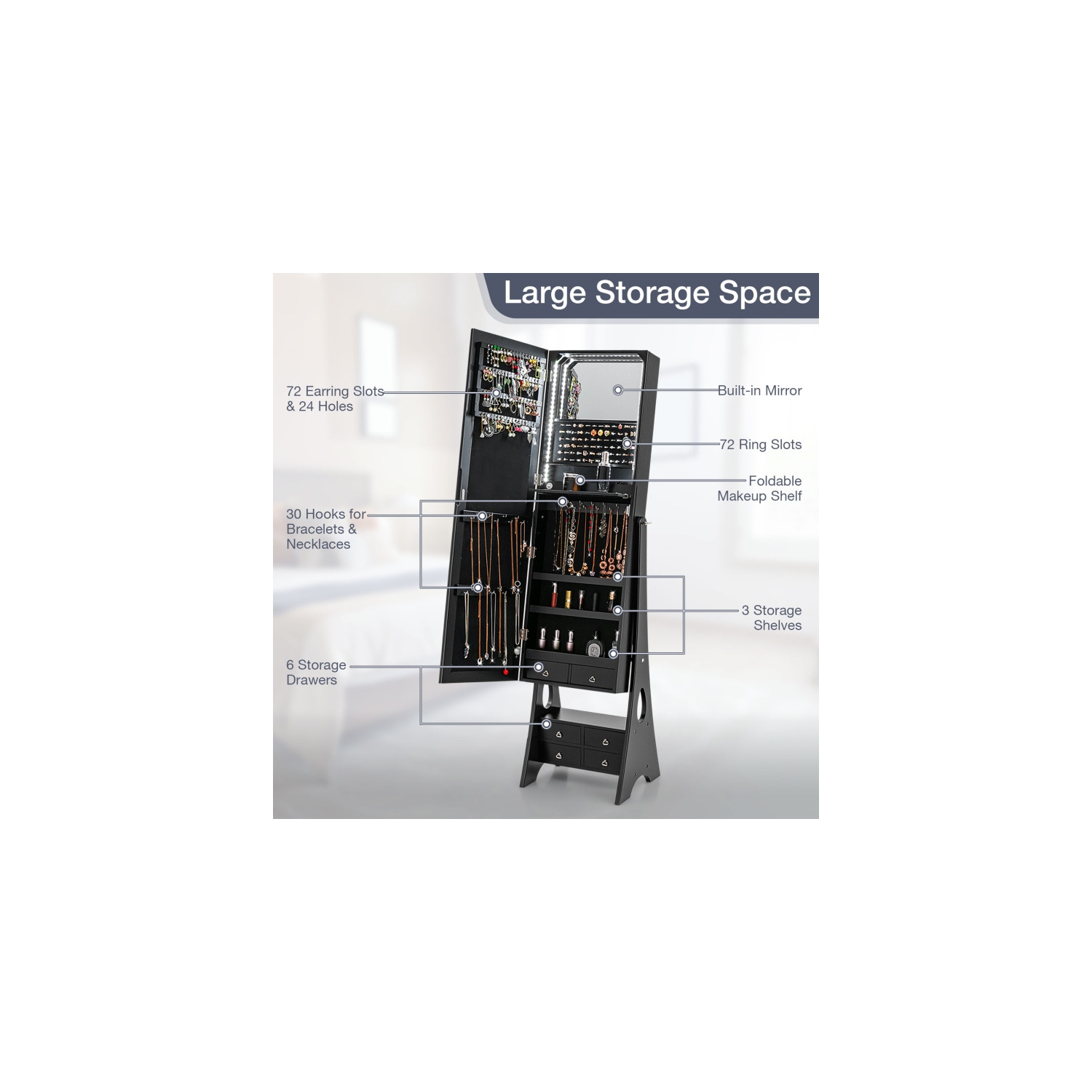 Armoire à bijoux pleine longueur avec miroir LED, autonome et 6 tiroirs