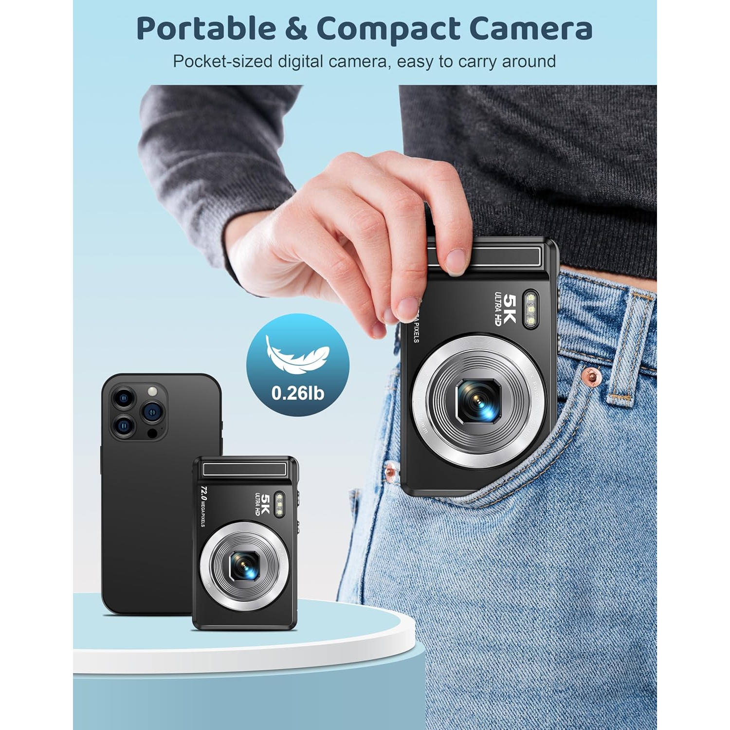 Portable CCD Camera for Campus Students 72MP HD Card Camera 5K Shooting Digital Camera with 16x Zoom - Black 32GB Card