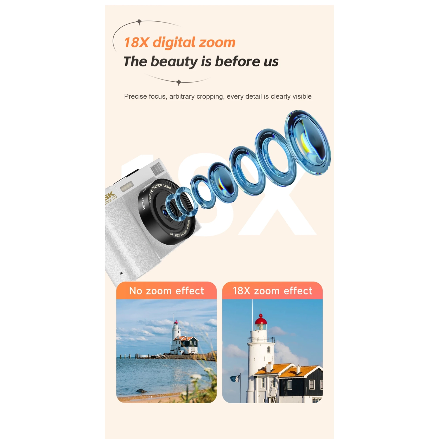 64MP HD Digital Camera for Students with Selfie Camera, Retro Filter, Textured CCD Display - white, No Memory Card(front and rear dual cameras)