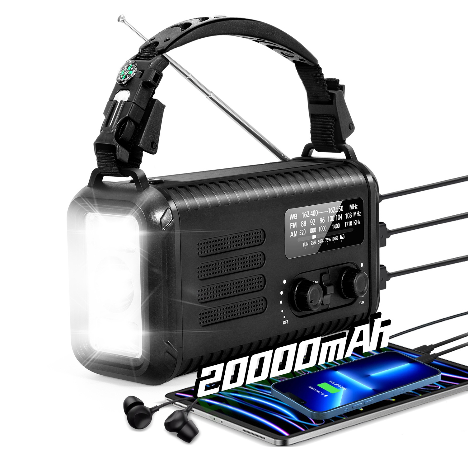 Radio d'urgence multifonction très populaire avec lampe de poche, radio solaire à manivelle et fonction SOS - Noir