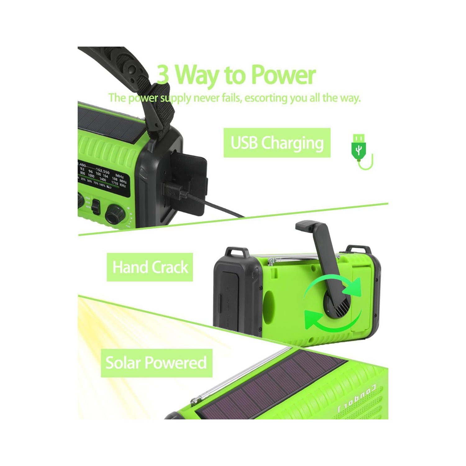 Radio d'urgence multifonction très populaire avec lampe de poche, radio solaire à manivelle et fonction SOS - Vert armée
