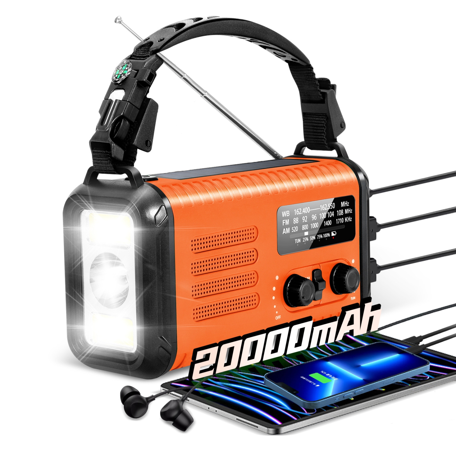 Radio d'urgence multifonction très populaire avec lampe de poche, radio solaire à manivelle et fonction SOS - Orange