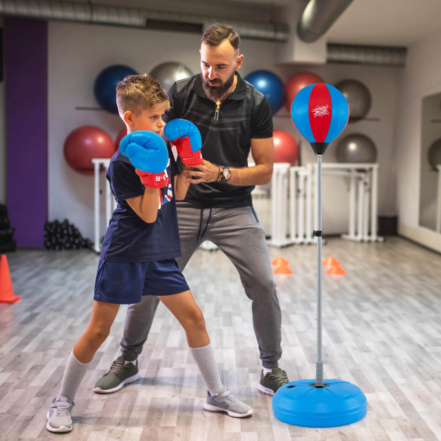 Sac de boxe avec support à hauteur réglable de Costway – Gants de boxe pour adultes – Bleu/noir