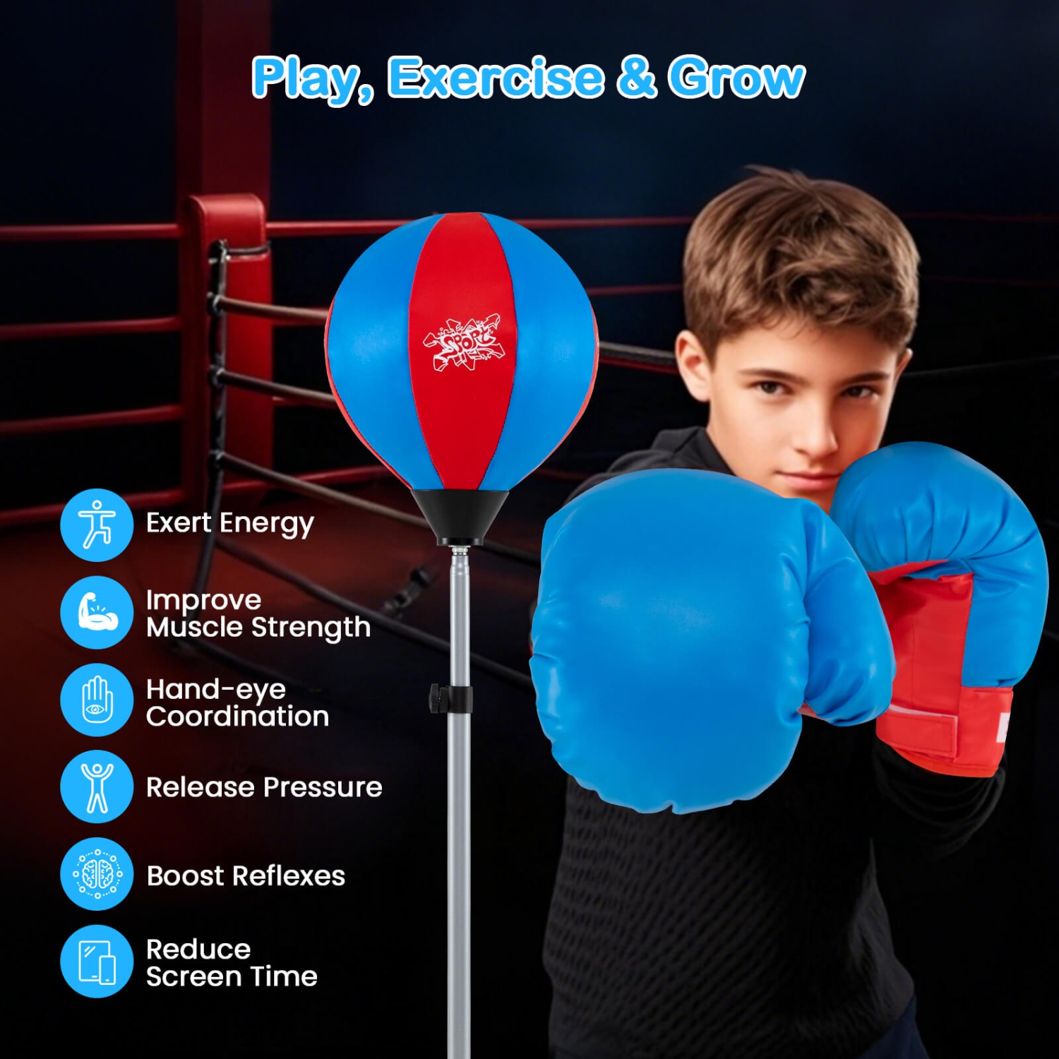 Sac de boxe avec support à hauteur réglable de Costway – Gants de boxe pour adultes – Bleu/noir