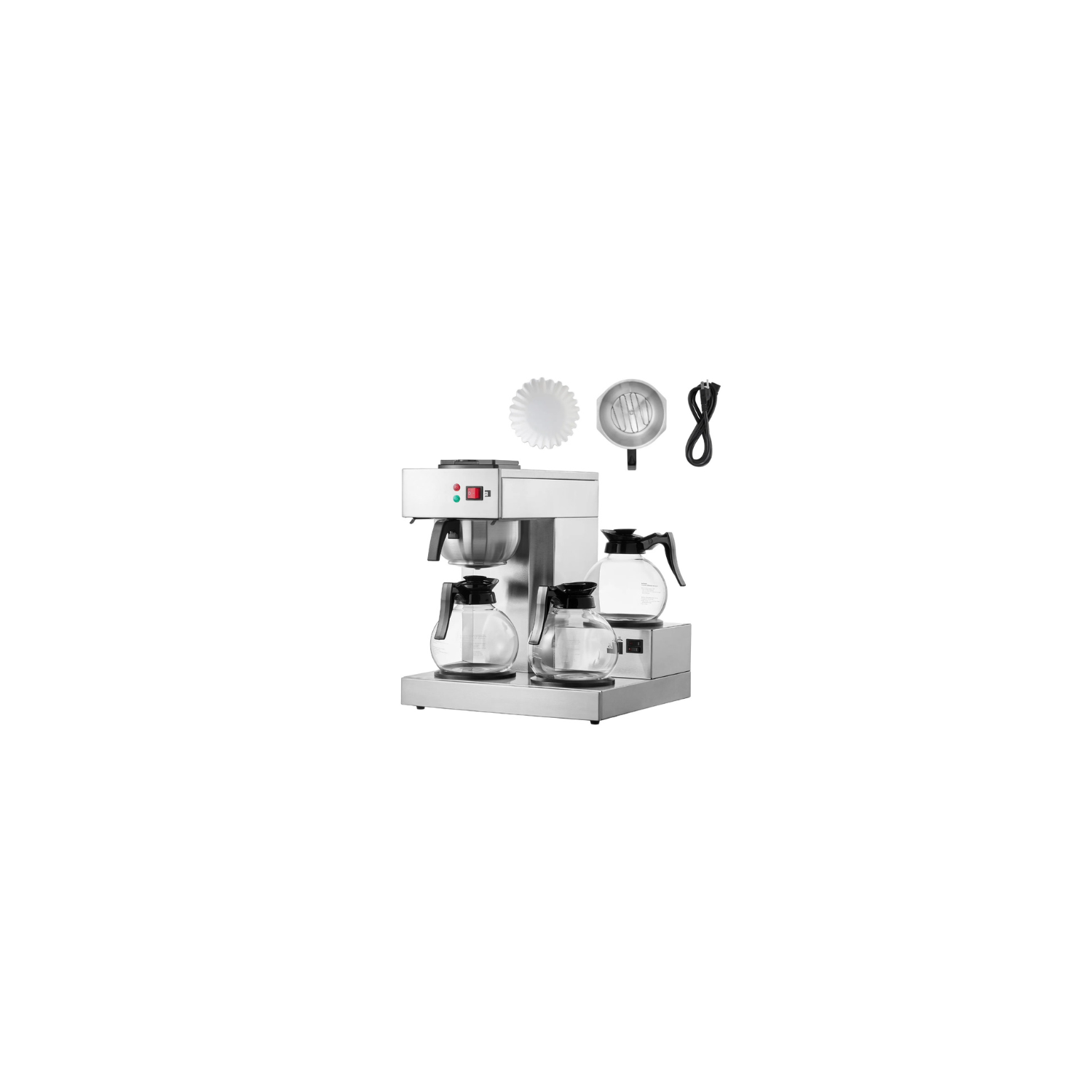 VEVOR RBT-386-BD3 12-Cup Commercial Drip Coffee Maker with 3 Glass Carafes, 3 Warming Plates, 2.8L Water Tank, Stainless Steel, Silver