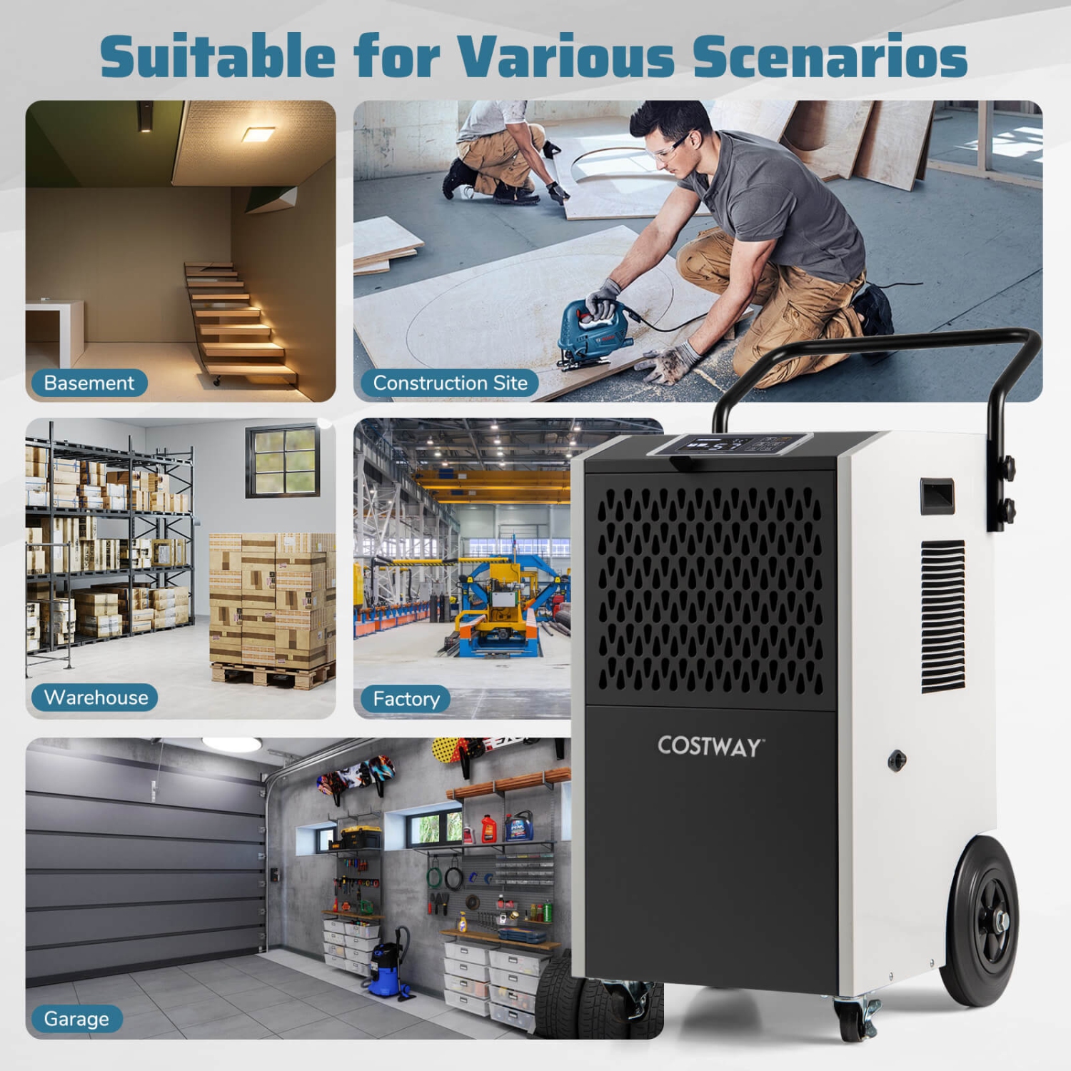 Déshumidificateur commercial de 154 chopines de Costway avec tuyaux d'évacuation de pompe pour sous-sols Sites d'emploi Bleu/Blanc