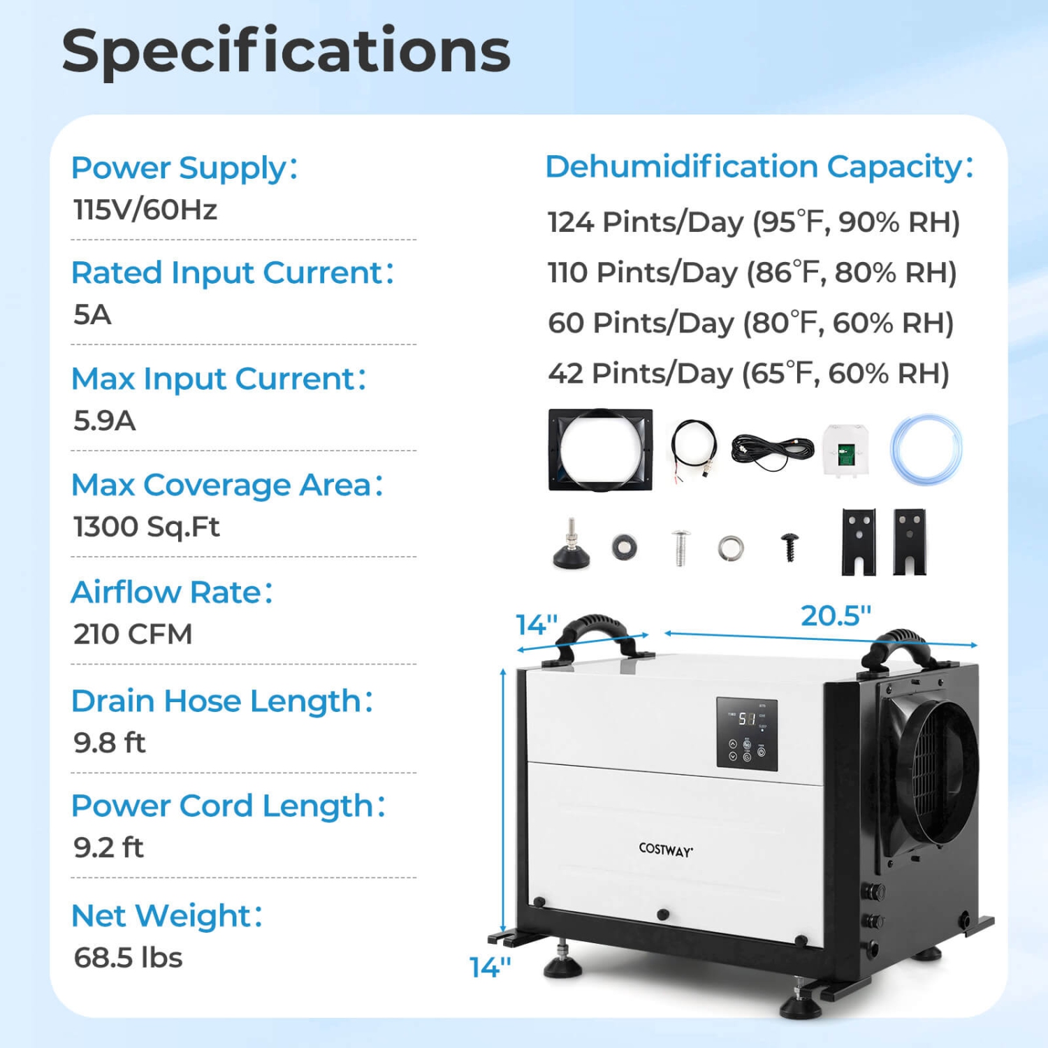 Costway 155/192 Pint Crawl Space Dehumidifier Commercial Dehumidifier with 3 Modes & 24H Timer Blue/White
