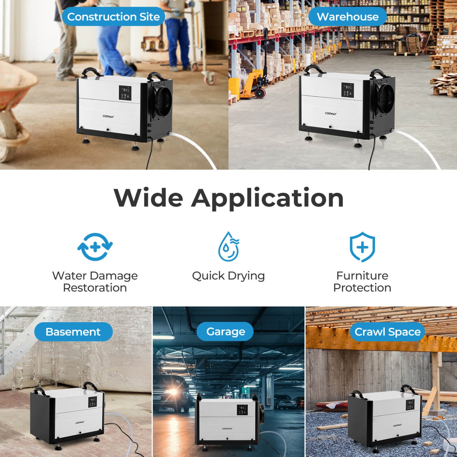 Costway 155/192 Pint Crawl Space Dehumidifier Commercial Dehumidifier with 3 Modes & 24H Timer Blue/White