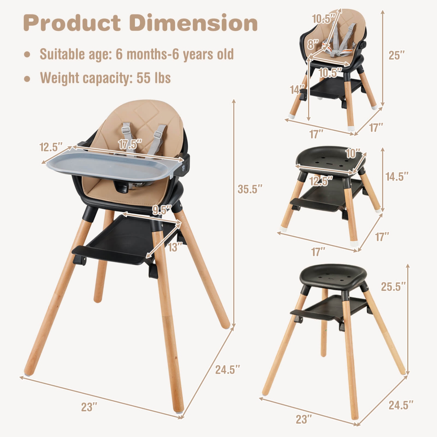 Costway 6-in-1 Convertible Wooden Baby Highchair Infant Feeding Chair with Removable Tray