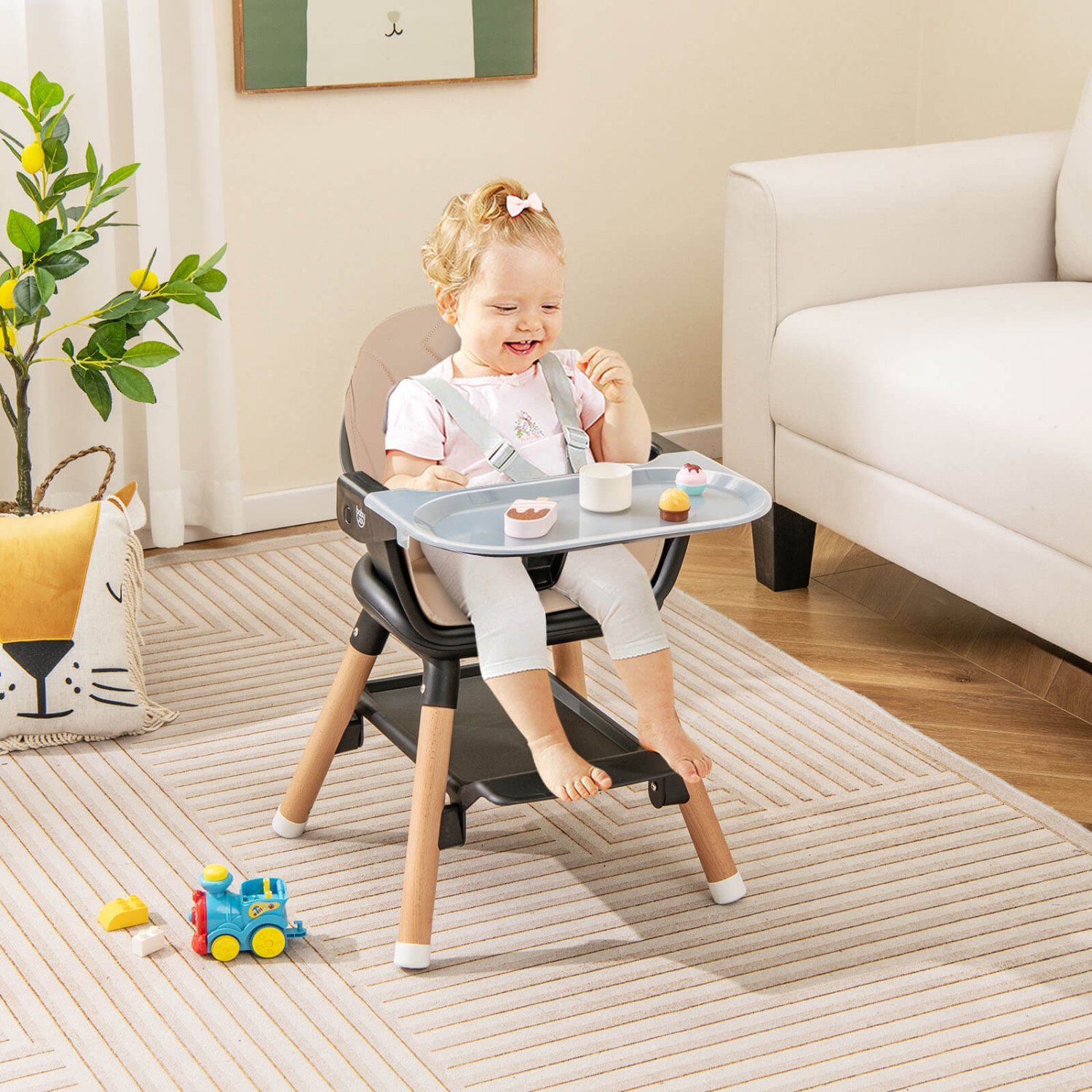 Costway 6-in-1 Convertible Wooden Baby Highchair Infant Feeding Chair with Removable Tray