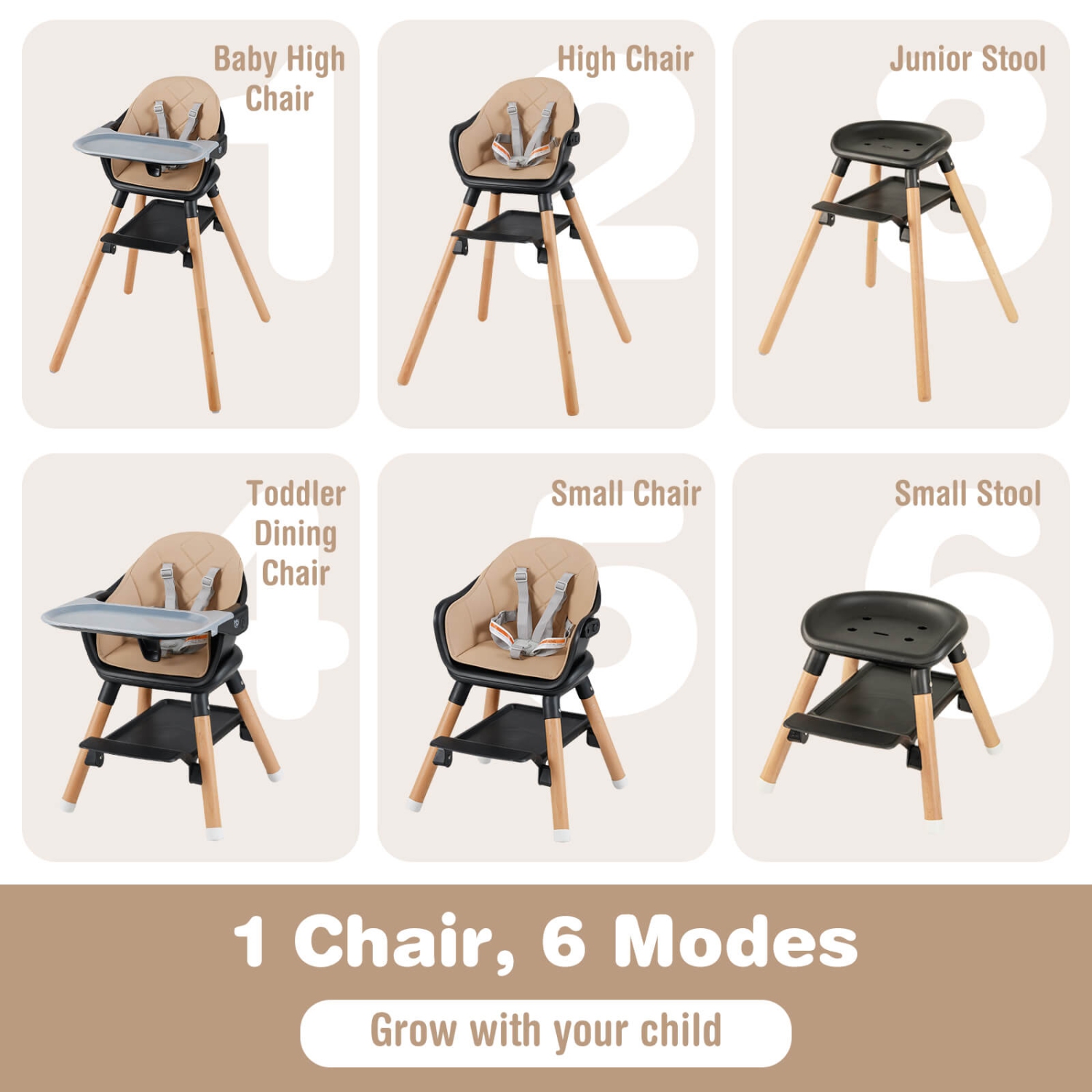 Costway 6-in-1 Convertible Wooden Baby Highchair Infant Feeding Chair with Removable Tray