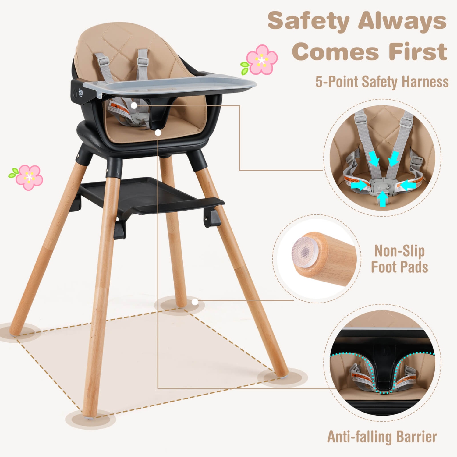 Costway 6-in-1 Convertible Wooden Baby Highchair Infant Feeding Chair with Removable Tray