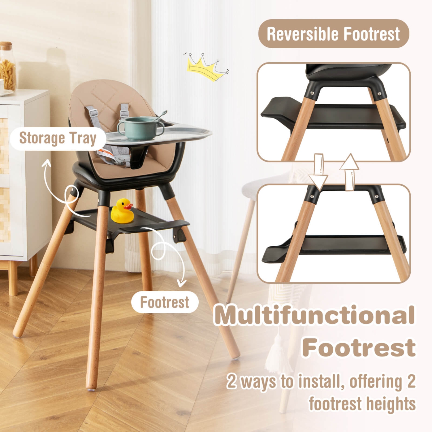 Costway 6-in-1 Convertible Wooden Baby Highchair Infant Feeding Chair with Removable Tray