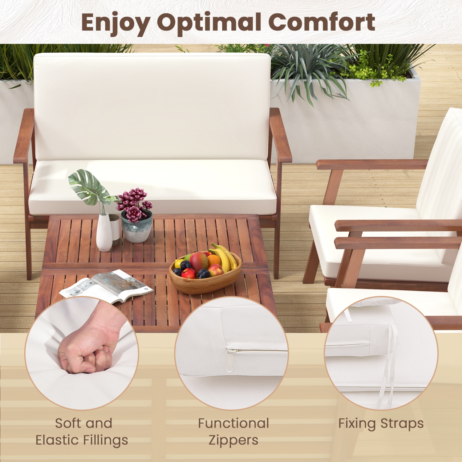 Costway 8 PCS Patio Conversation Set Acacia Wood Sofa Coffee Table with Cushioned Seat