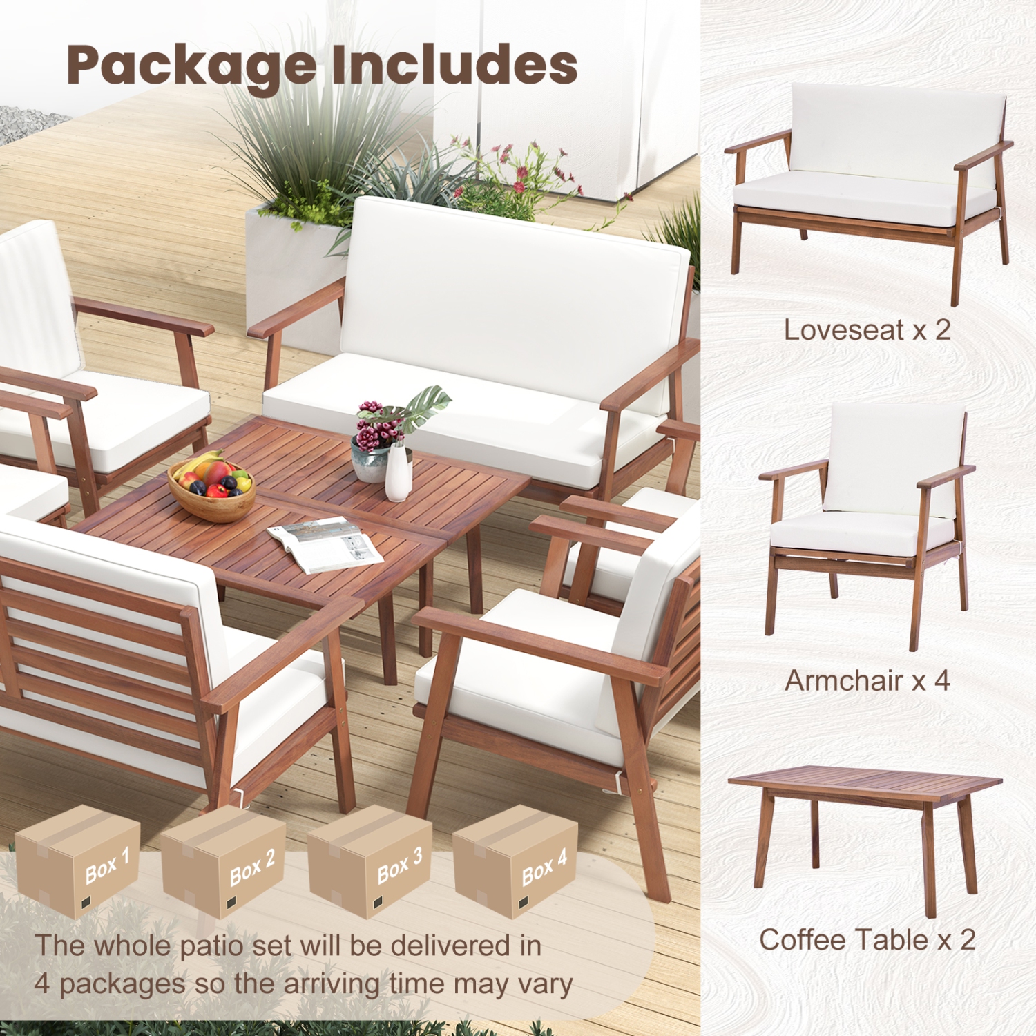 Costway 8 PCS Patio Conversation Set Acacia Wood Sofa Coffee Table with Cushioned Seat