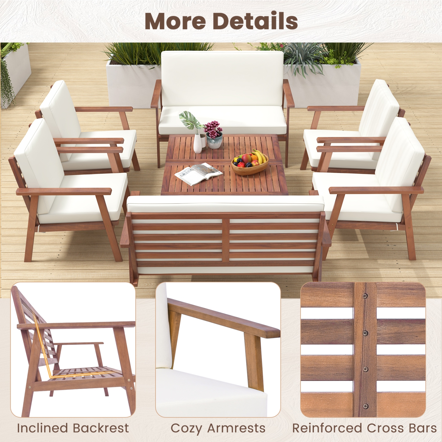 Costway 8 PCS Patio Conversation Set Acacia Wood Sofa Coffee Table with Cushioned Seat