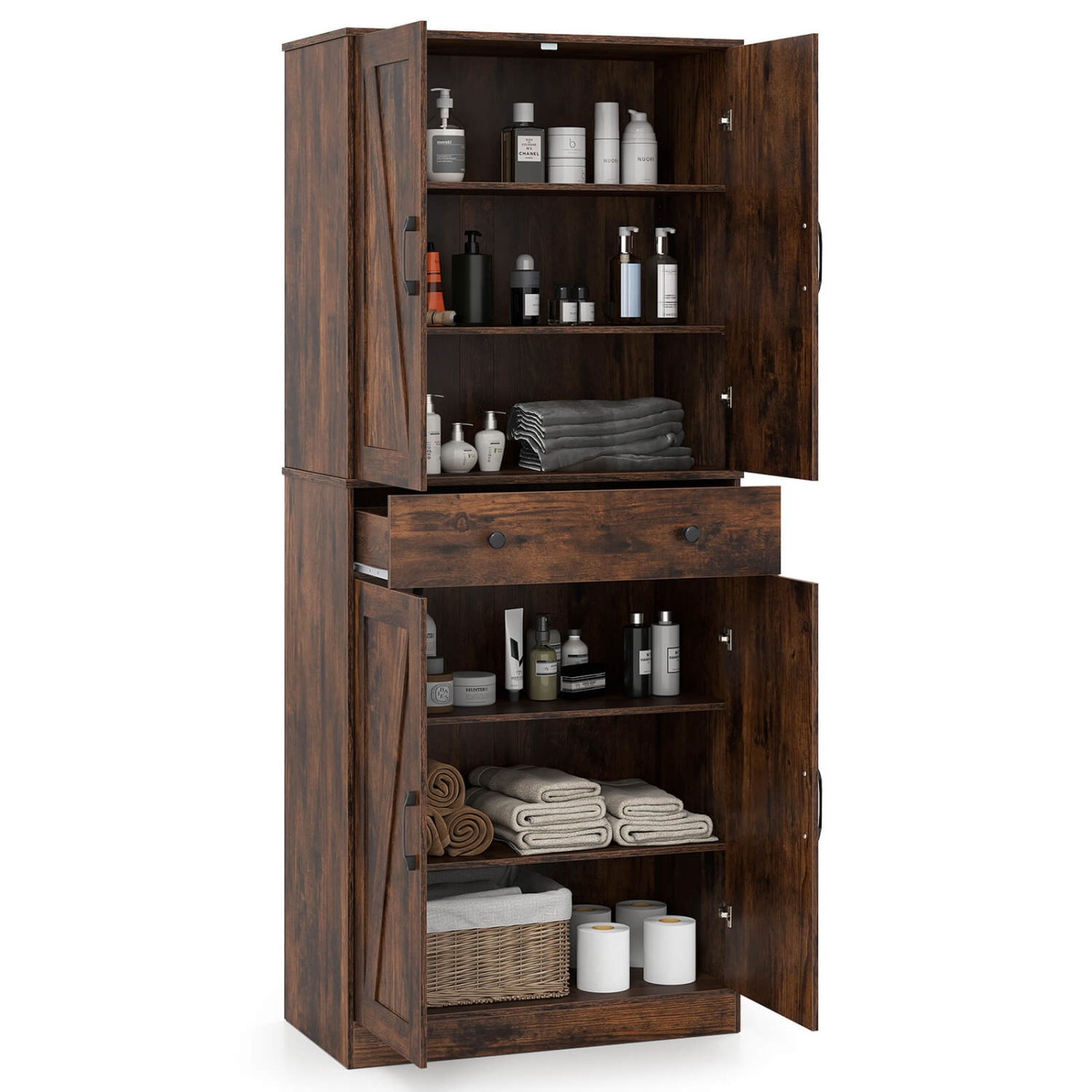 Armoire de cuisine moderne Farmhouse de 72&nbsp;po de Costway avec 4 portes de grange brun/blanc/noir