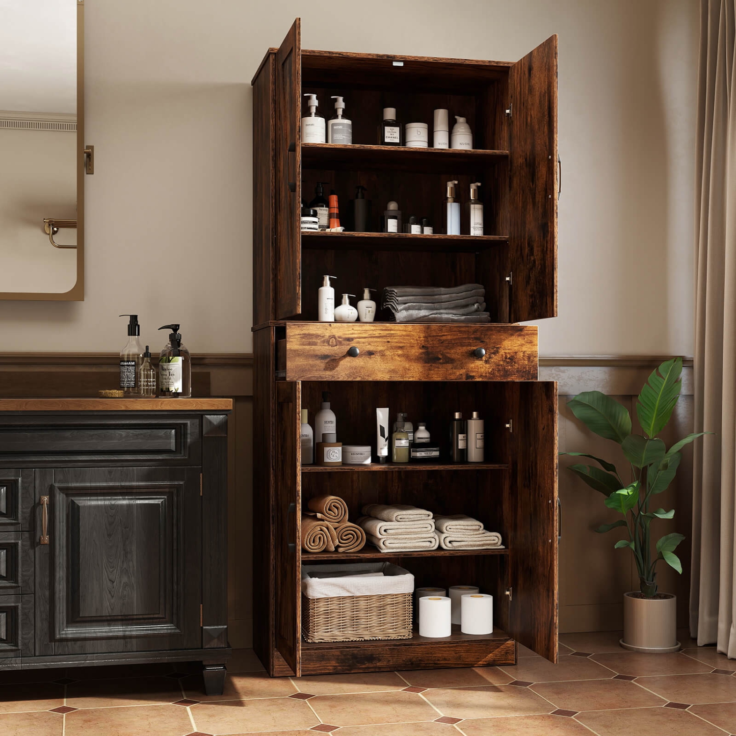 Armoire de cuisine moderne Farmhouse de 72&nbsp;po de Costway avec 4 portes de grange brun/blanc/noir