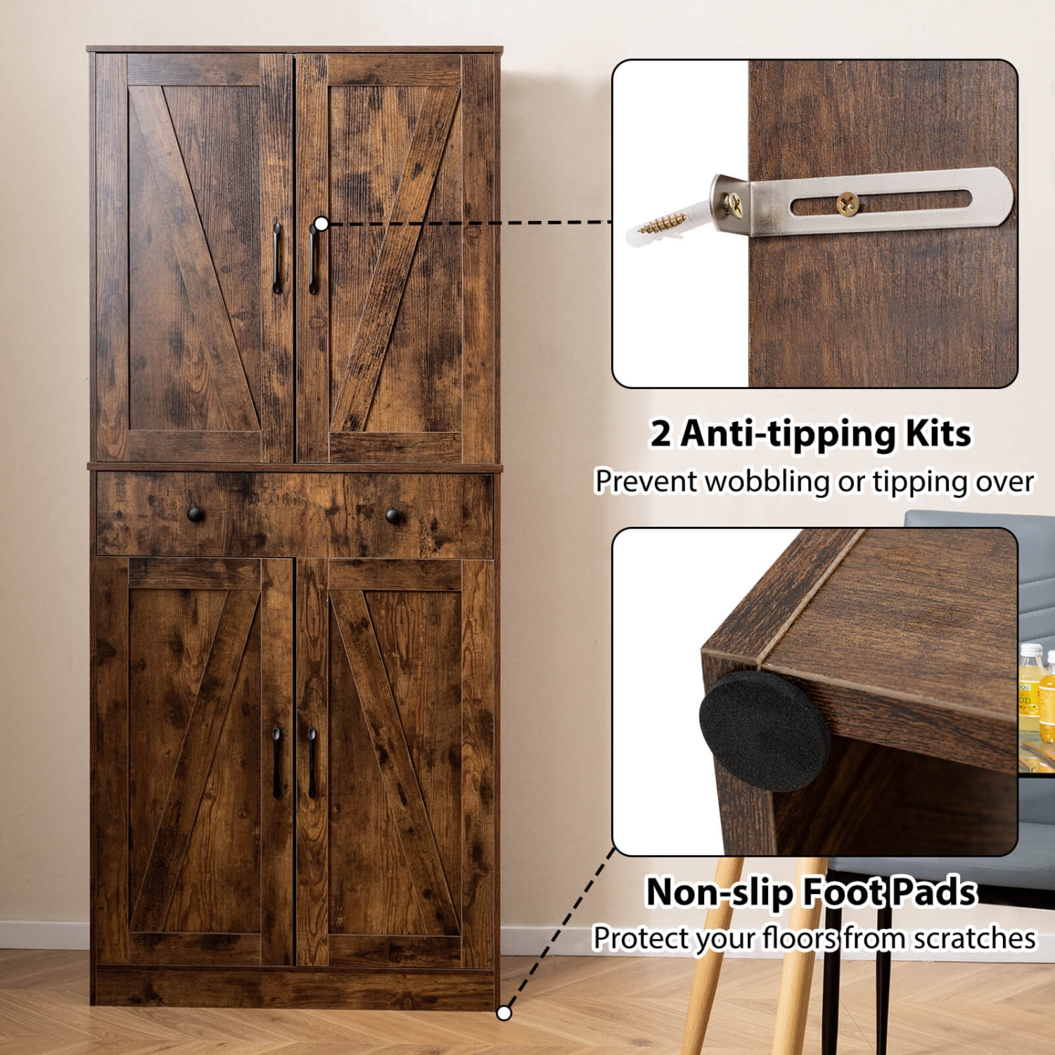 Armoire de cuisine moderne Farmhouse de 72&nbsp;po de Costway avec 4 portes de grange brun/blanc/noir