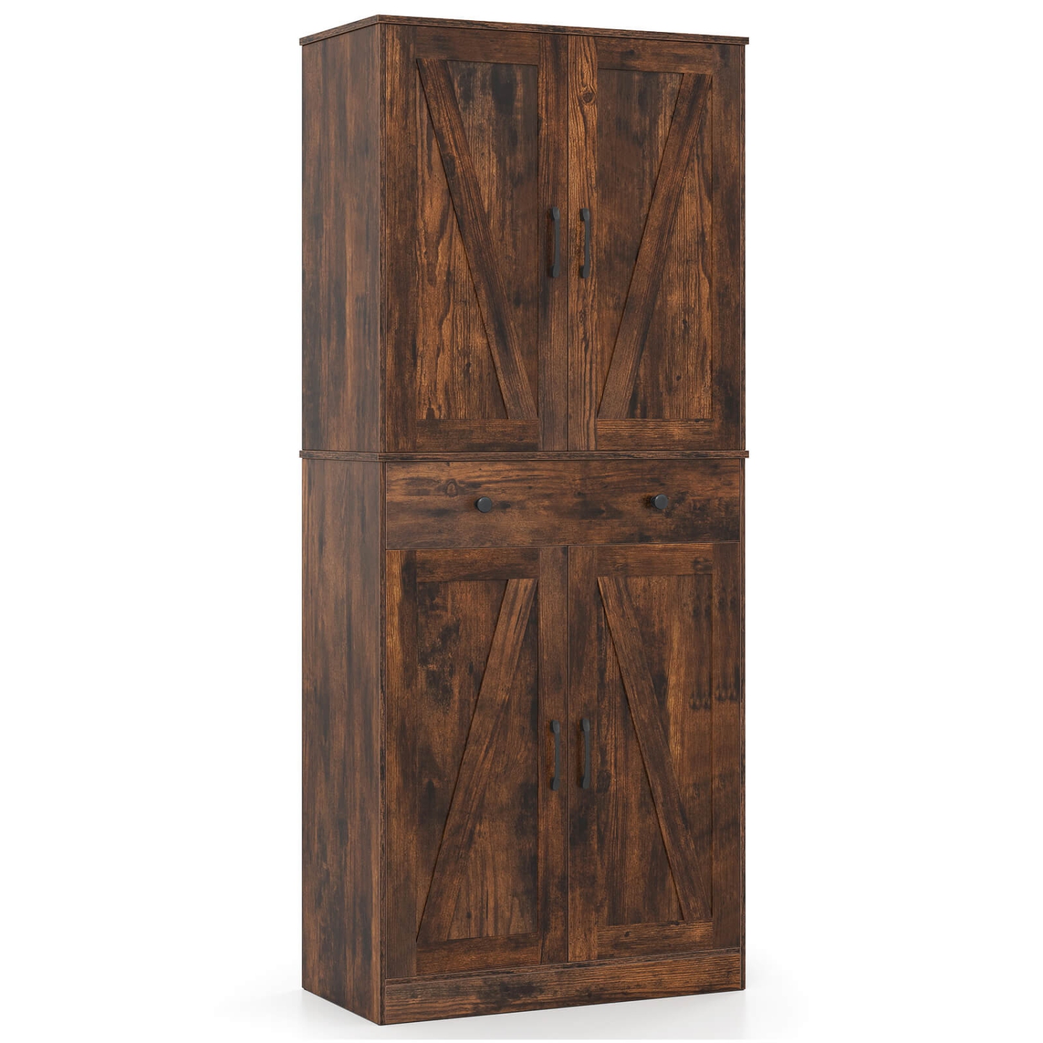 Armoire de cuisine moderne Farmhouse de 72&nbsp;po de Costway avec 4 portes de grange brun/blanc/noir